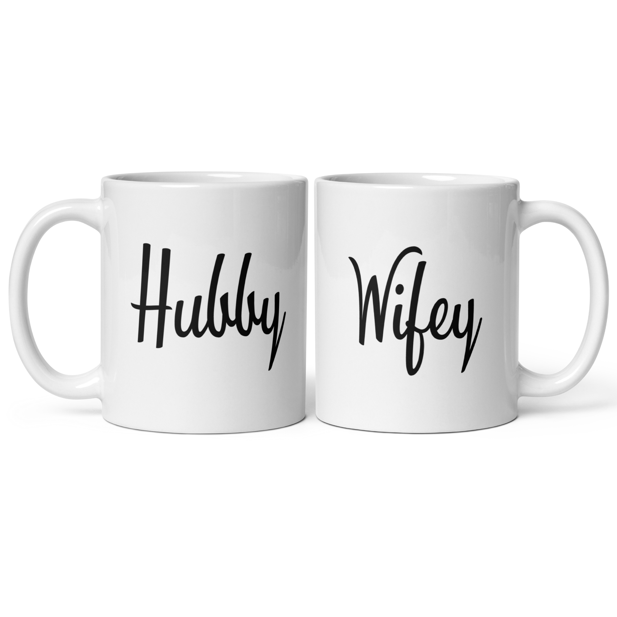 Hubby and Wifey 11oz White Glossy Ceramic Mug Set - Romantic Couples Gift