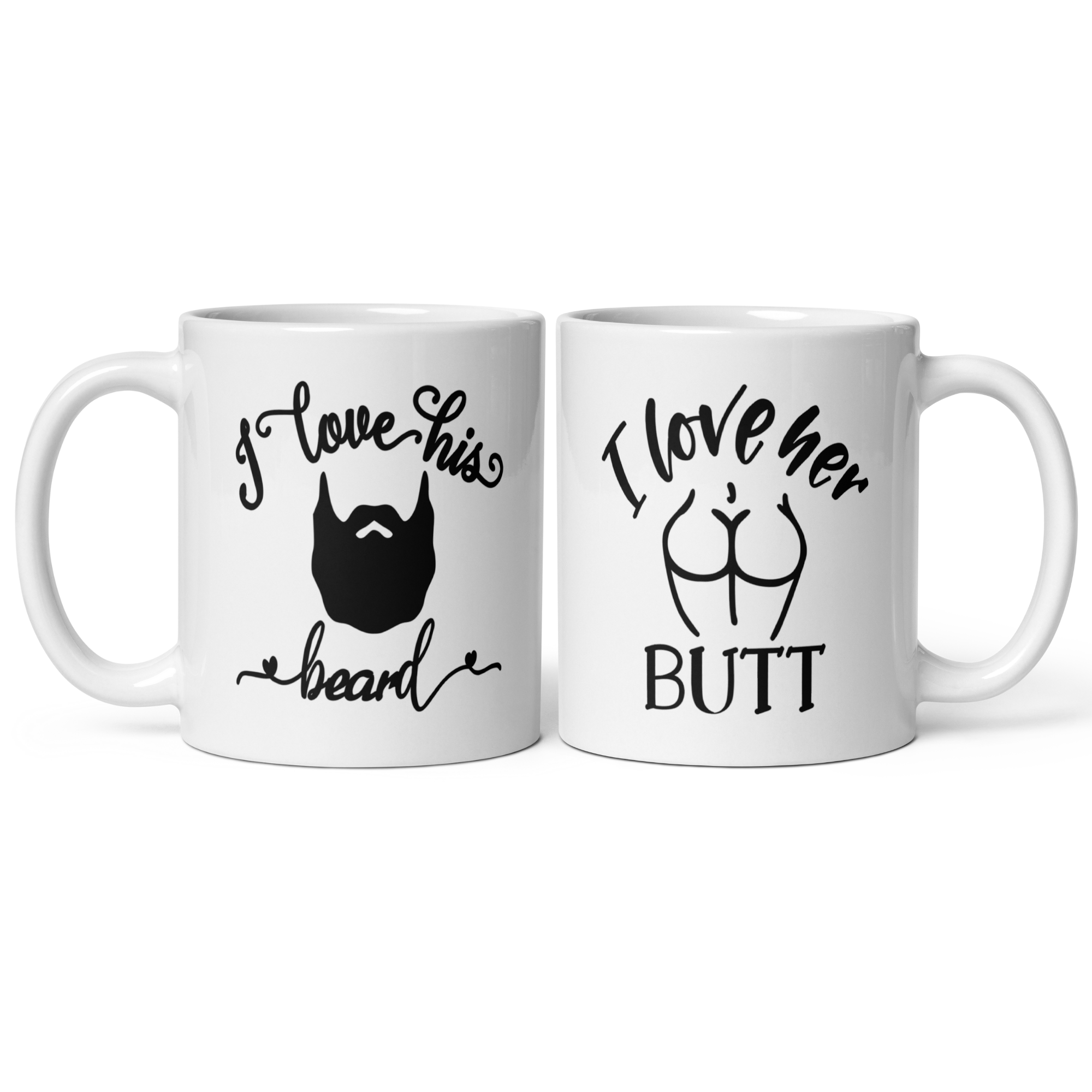 I Love His Beard, I Love Her Butt 11oz White Glossy Ceramic Mug Set - Funny Couples Gift