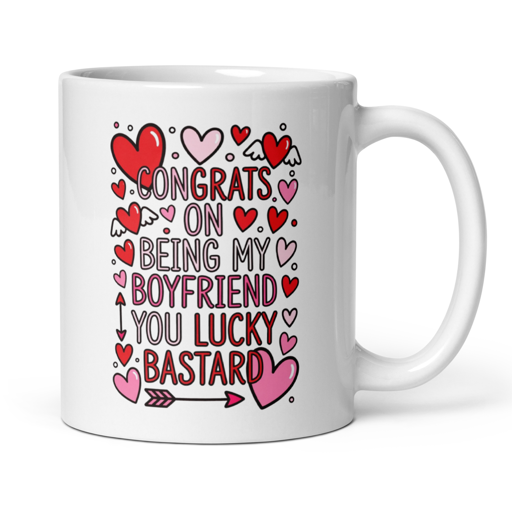 Congrats On Being My Boyfriend You Lucky Bastard 11oz White Glossy Ceramic Mug with Hearts - Funny Romantic Boyfriend Gift