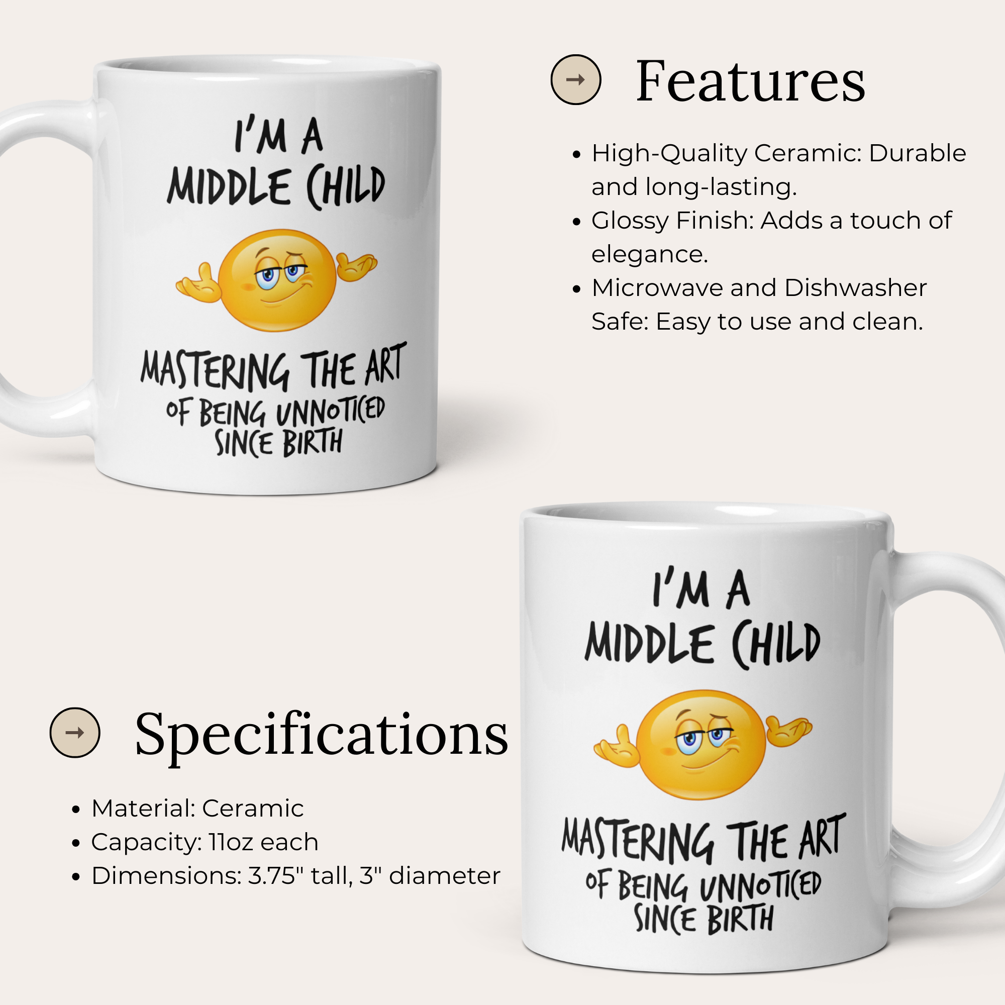 Middle Child Stealth Mug V2 - 11oz White Glossy Ceramic Mug with Funny Emoticon Face