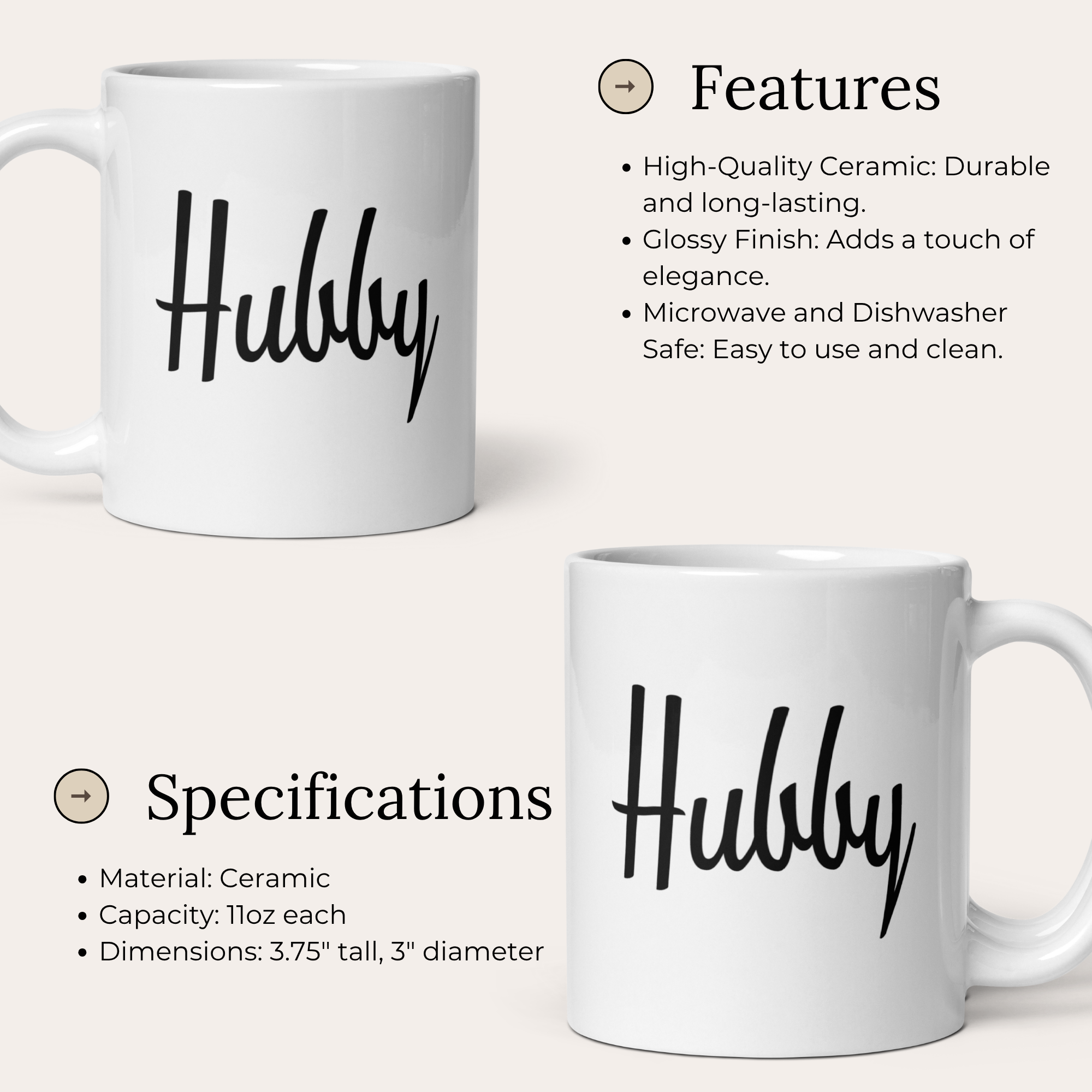 Hubby and Wifey 11oz White Glossy Ceramic Mug Set - Romantic Couples Gift
