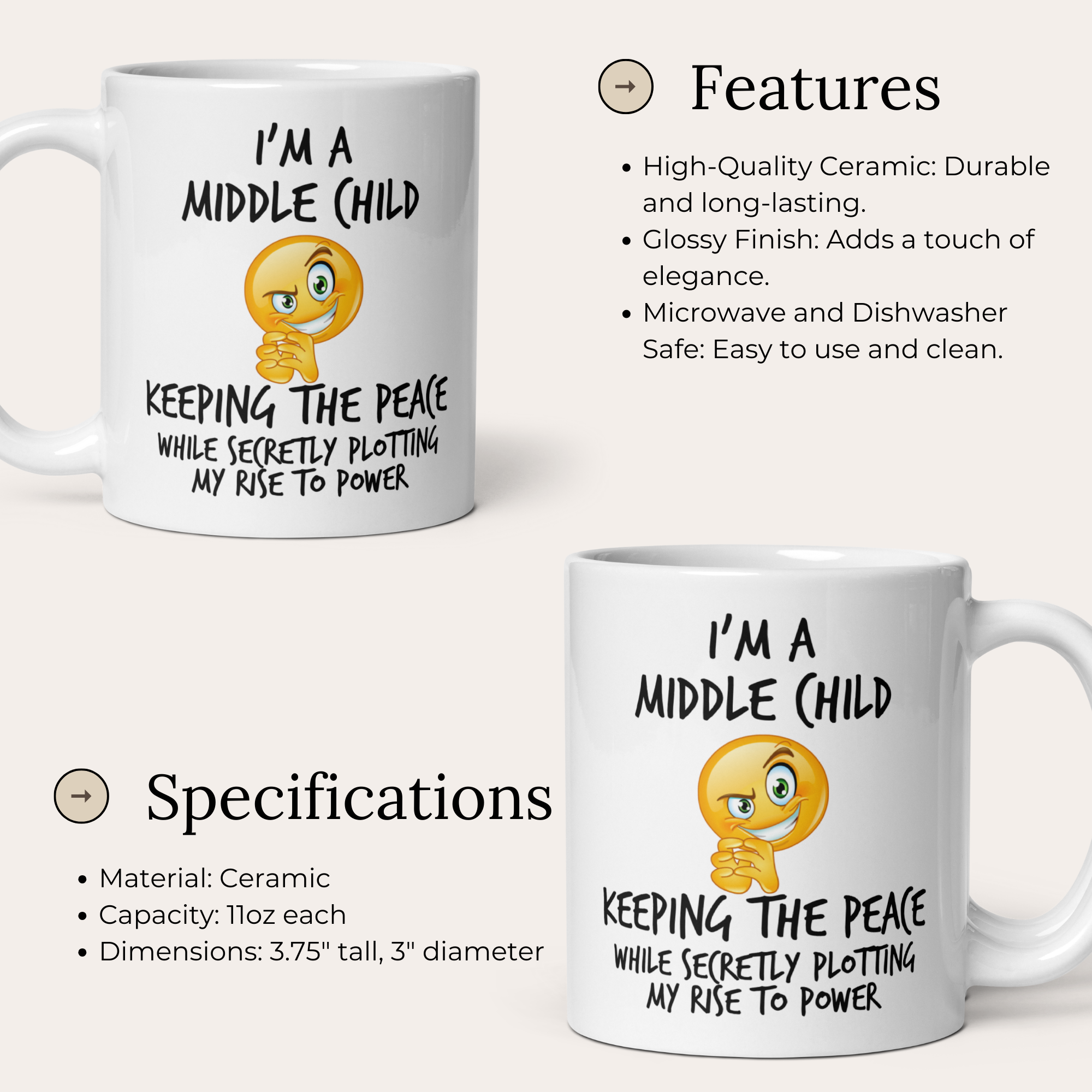 Middle Child Power Mug V2 - 11oz White Glossy Ceramic Mug with Funny Emoticon Face