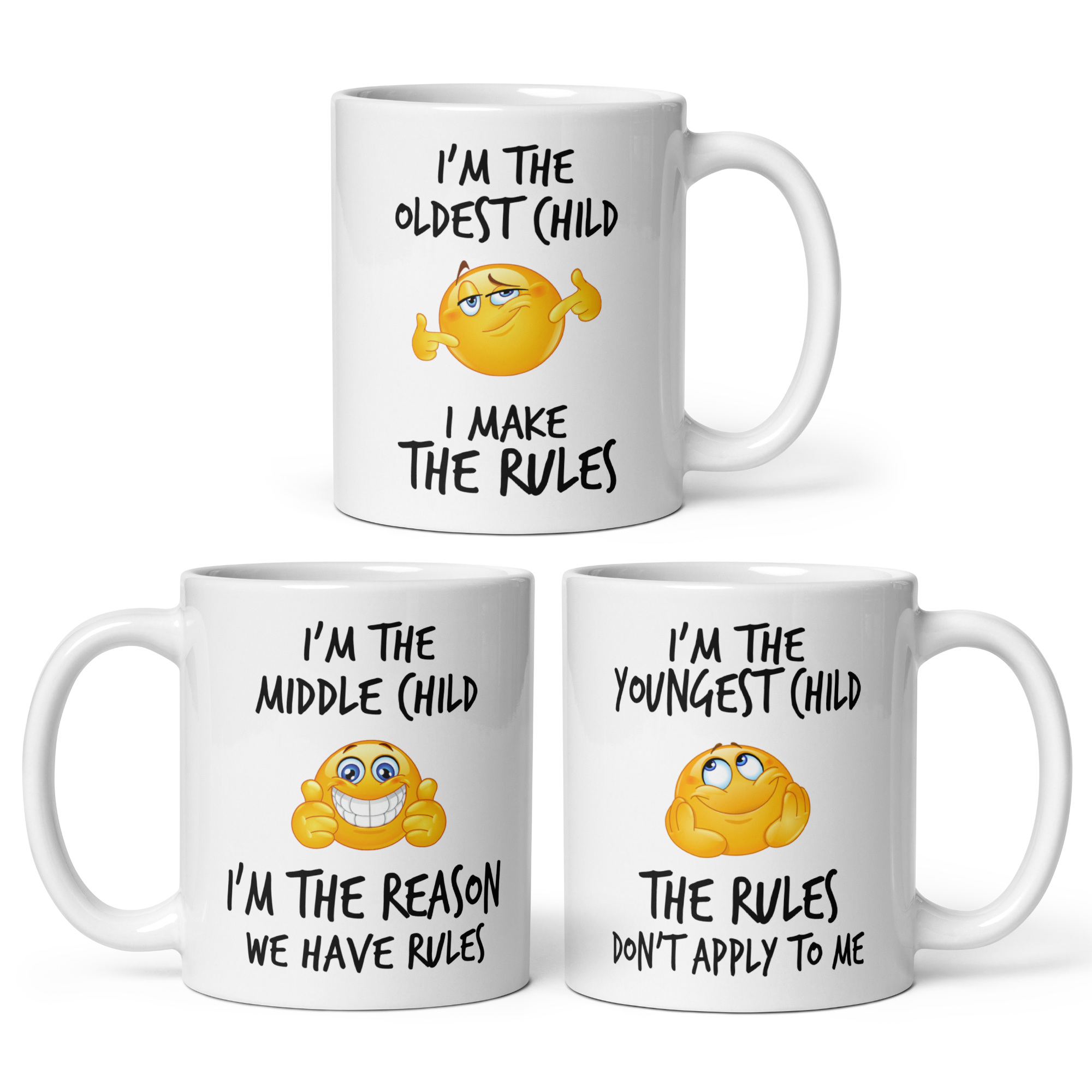 Sibling Rules Mug Set V2 - 3-Pack 11oz White Glossy Ceramic Mugs with Funny Emoticon Faces