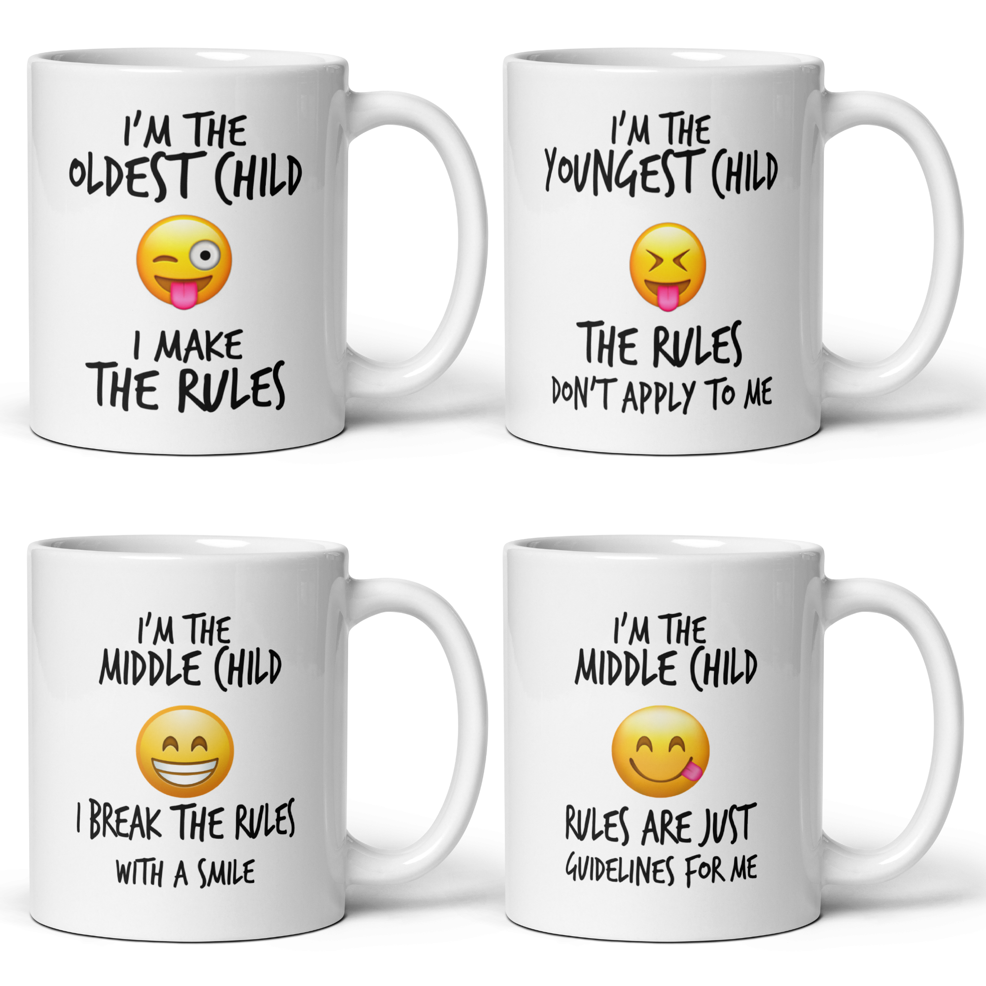 Four white mugs with humorous text and emojis about being the oldest, youngest, and middle child.