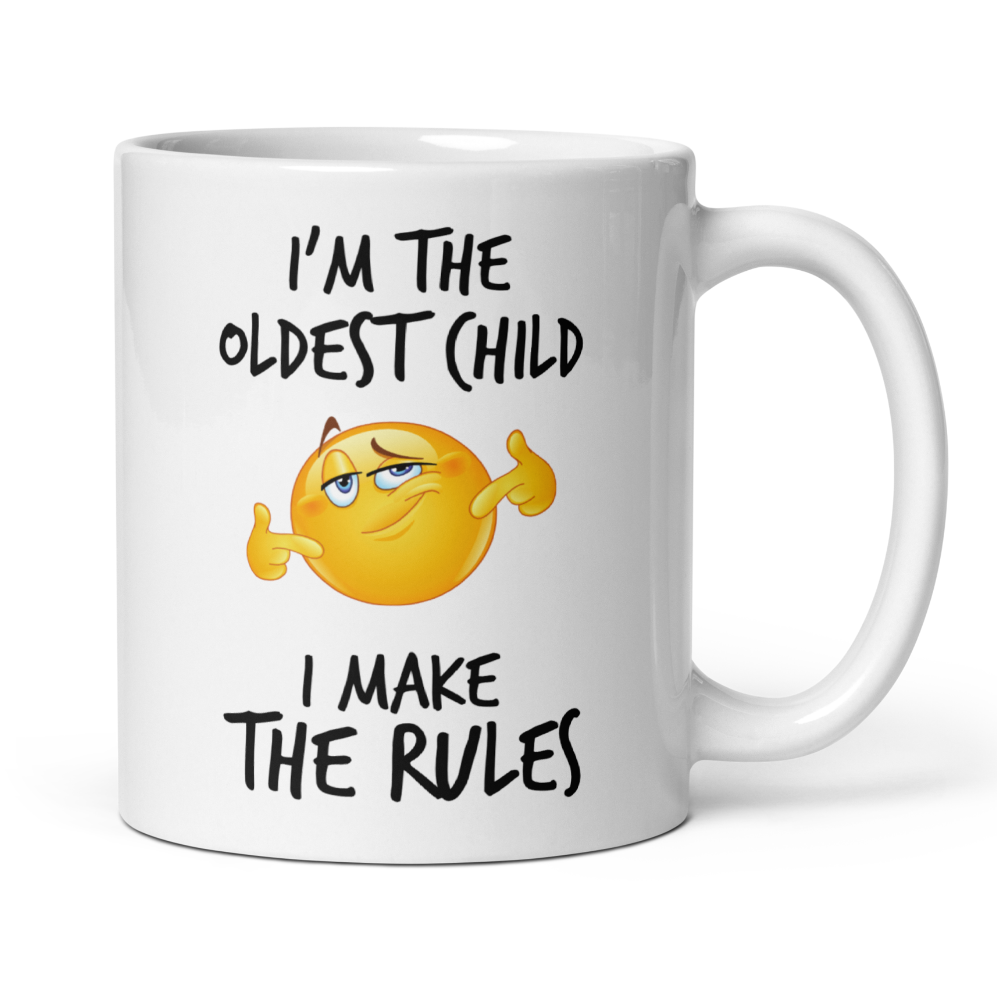Oldest Child Rules Mug V2 - 11oz White Glossy Ceramic Mug with Funny Emoticon Face
