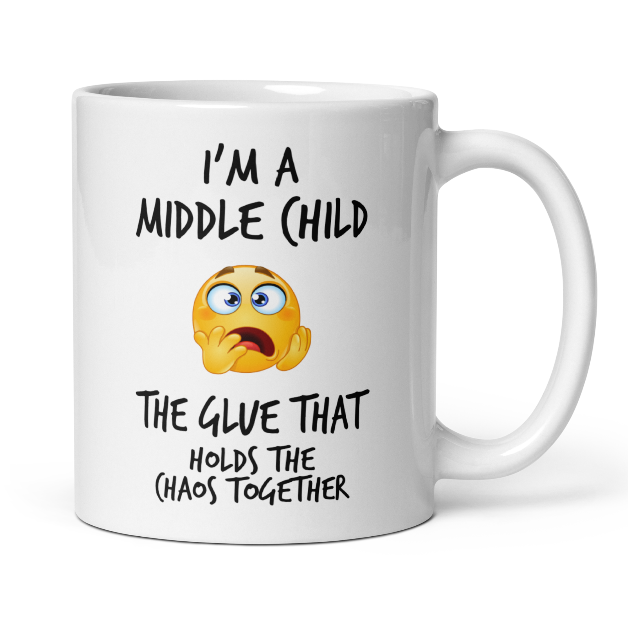 Middle Child Glue Mug V2- 11oz White Glossy Ceramic Mug with Funny Emoticon Face