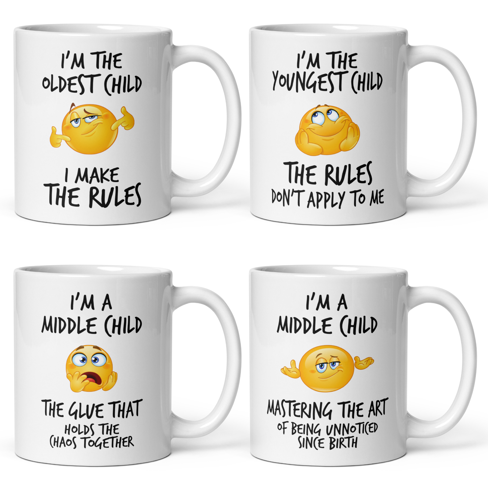 Funny Sibling Rules Mug Set V2 - 4 White Glossy 11oz Ceramic Mugs for Oldest, Middle (x2), and Youngest - Hilarious Family Gift Idea