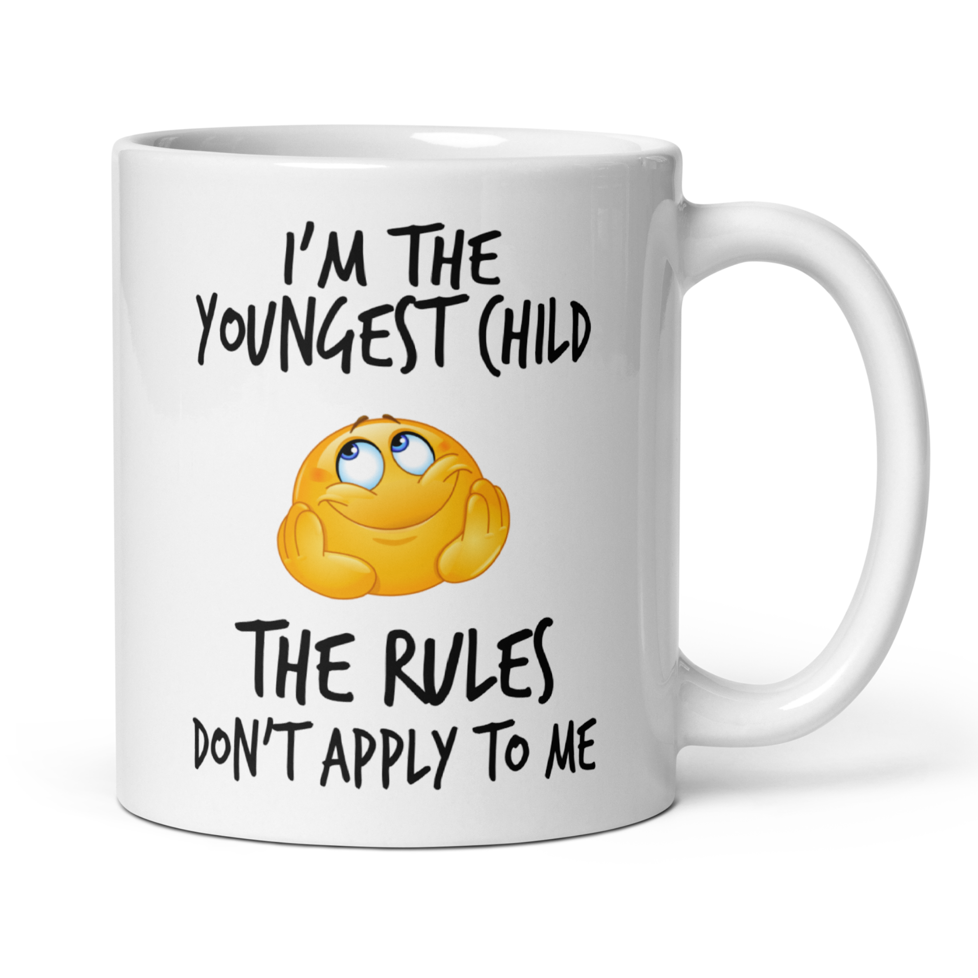 Youngest Child Rules Mug V2 - 11oz White Glossy Ceramic Mug with Funny Emoticon Face