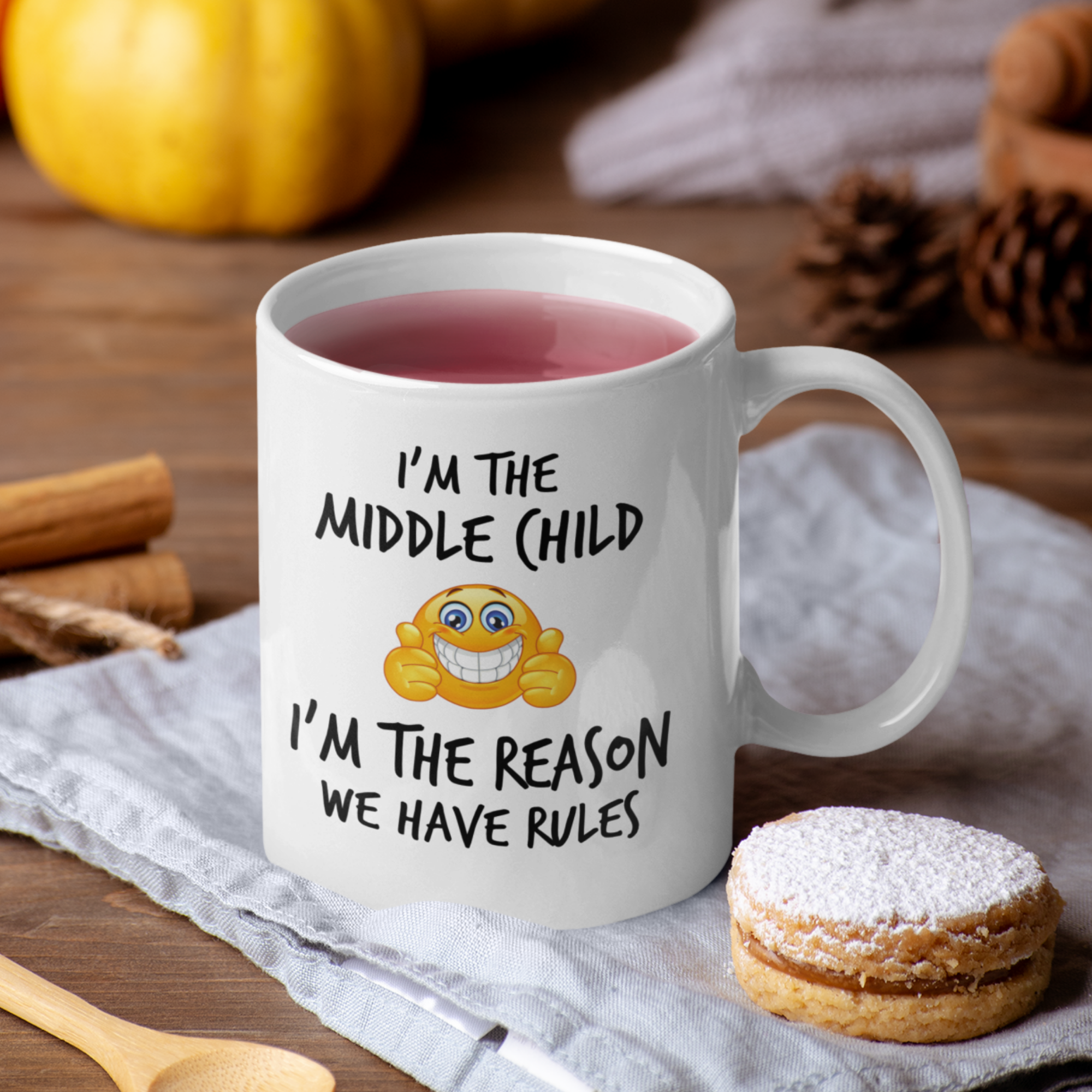 Middle Child Rules Mug V2 - 11oz White Glossy Ceramic Mug with Funny Emoticon Face