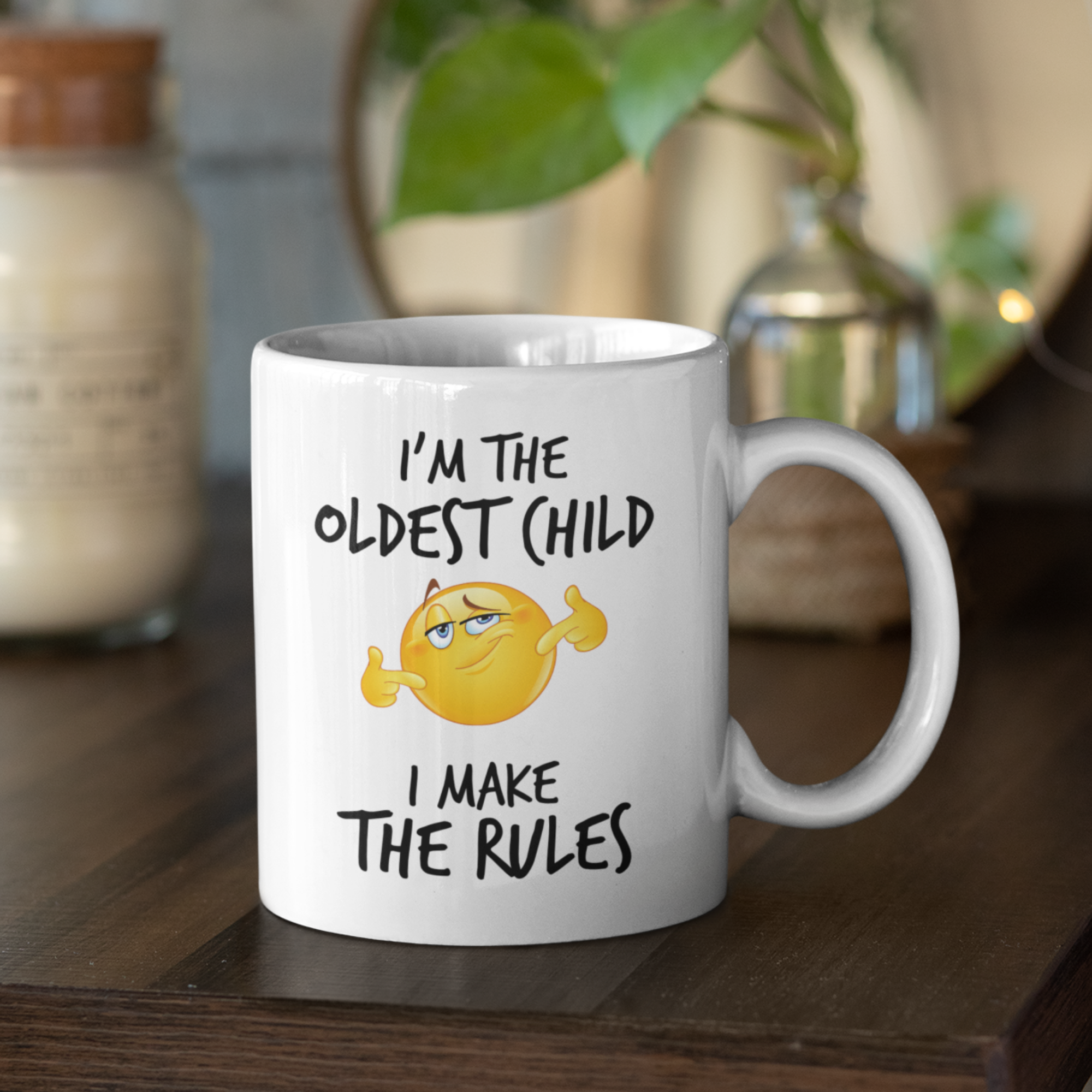 Oldest Child Rules Mug V2 - 11oz White Glossy Ceramic Mug with Funny Emoticon Face