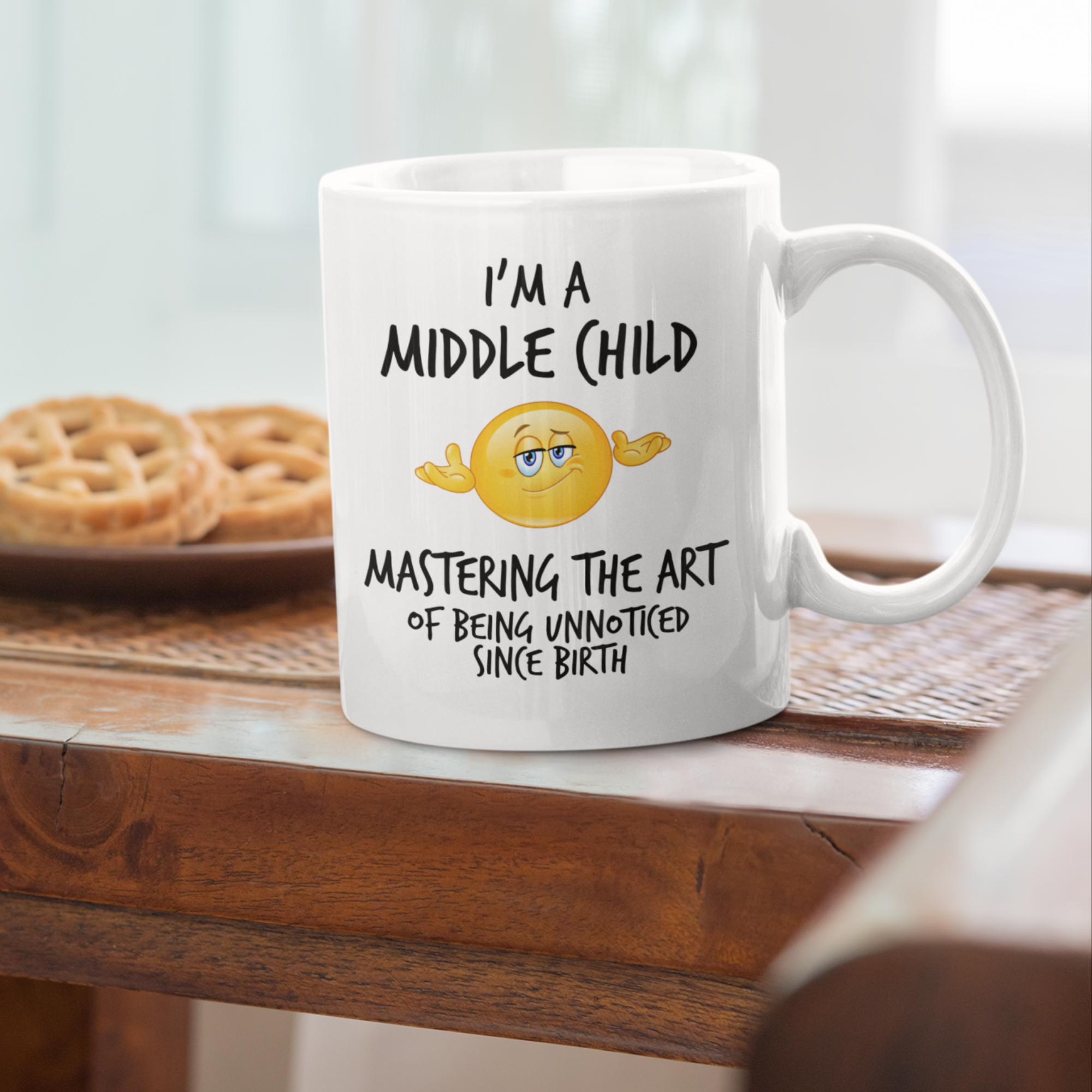Middle Child Stealth Mug V2 - 11oz White Glossy Ceramic Mug with Funny Emoticon Face