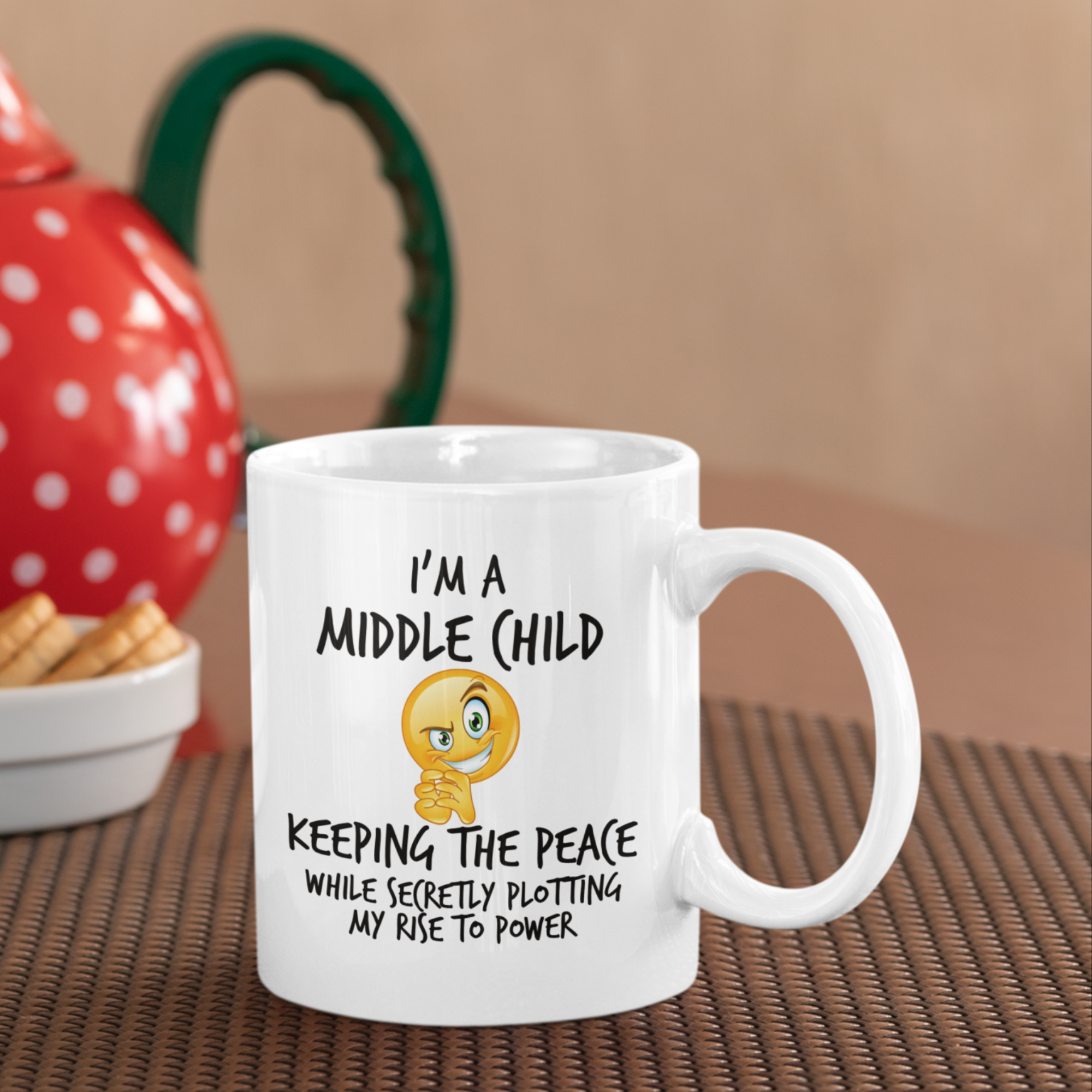 Middle Child Power Mug V2 - 11oz White Glossy Ceramic Mug with Funny Emoticon Face