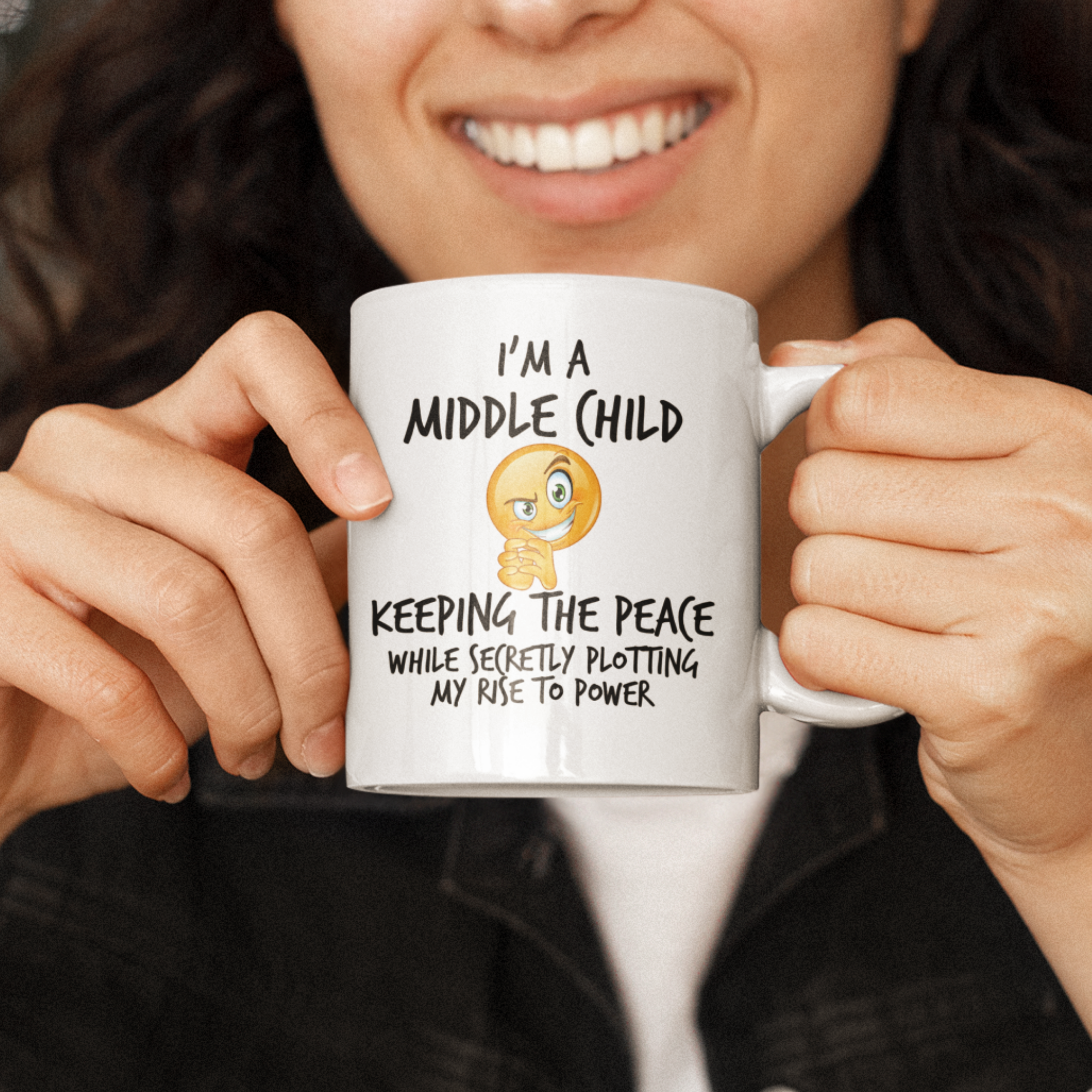 Middle Child Power Mug V2 - 11oz White Glossy Ceramic Mug with Funny Emoticon Face