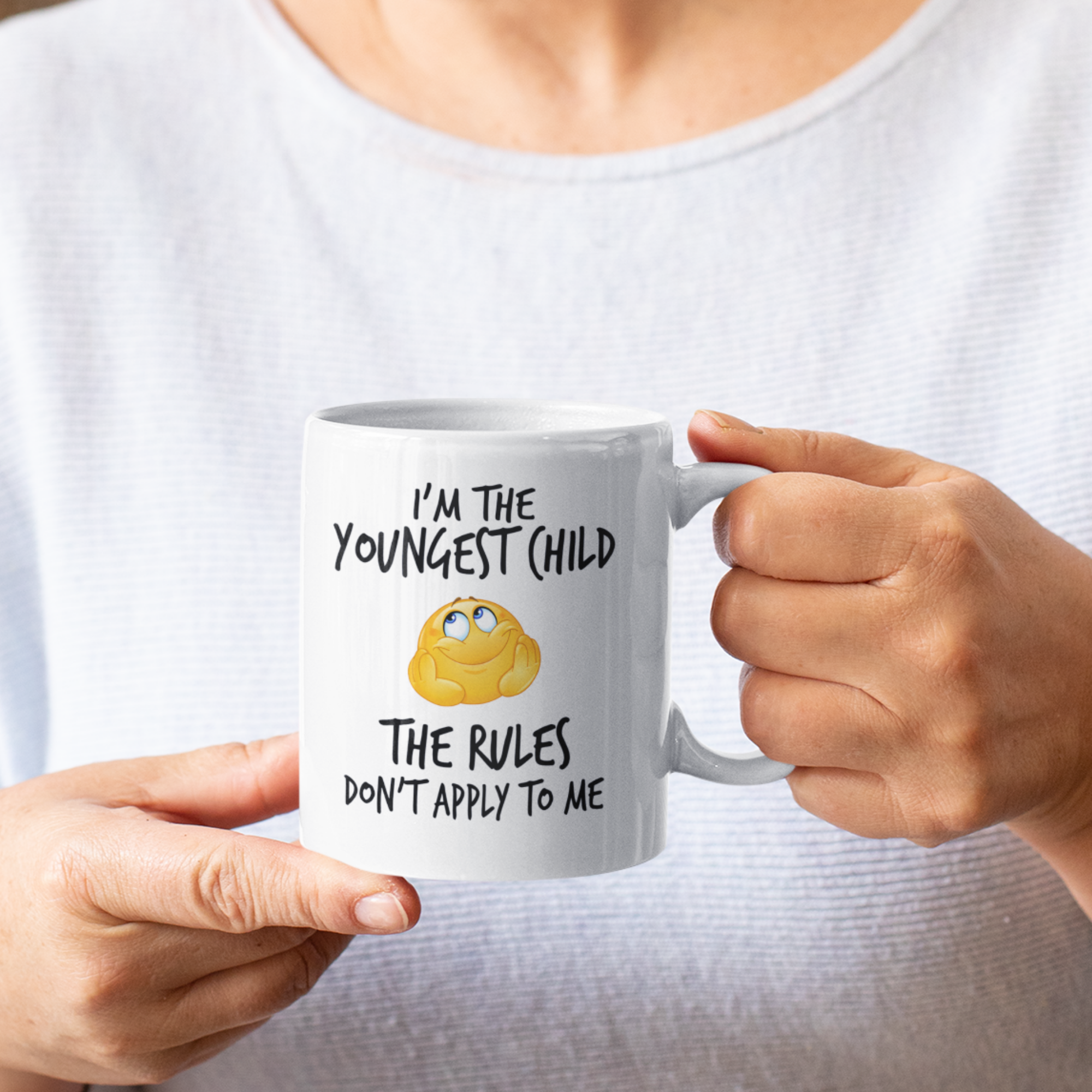 Youngest Child Rules Mug V2 - 11oz White Glossy Ceramic Mug with Funny Emoticon Face