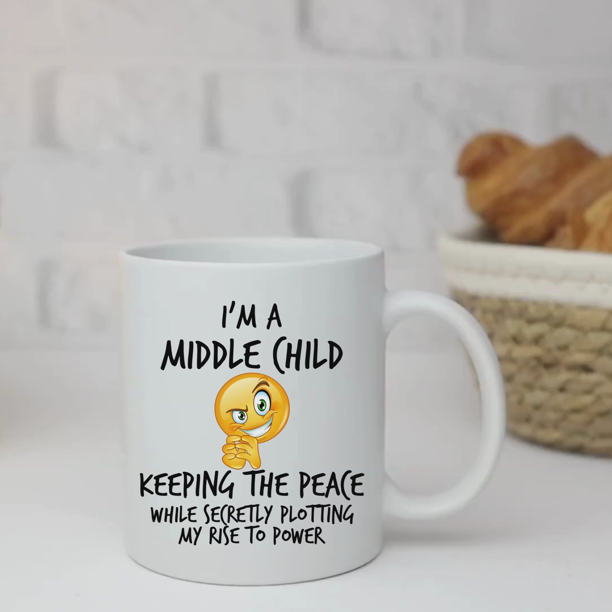Middle Child Power Mug V2 - 11oz White Glossy Ceramic Mug with Funny Emoticon Face