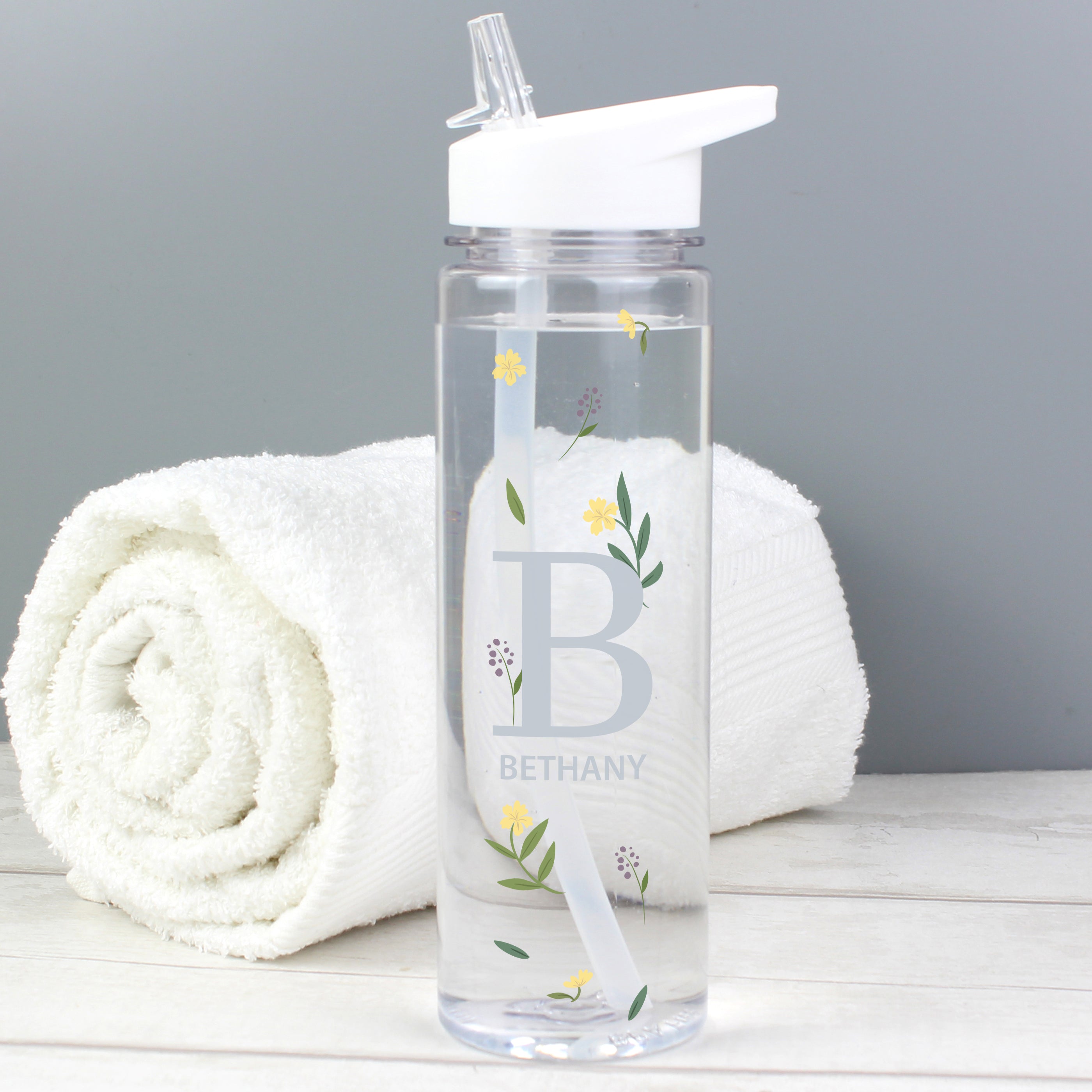 Personalised Floral Initial Water Bottle with towel