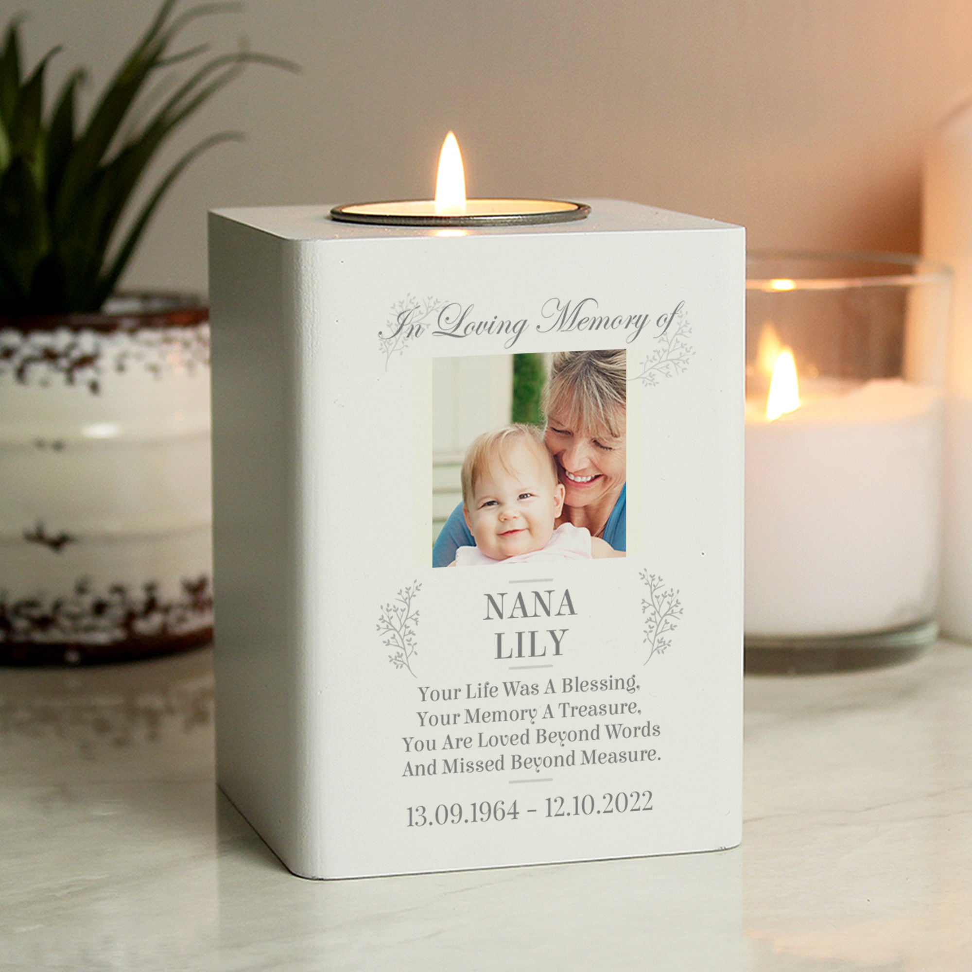 Personalised Memorial Photo Upload White Wooden Tea light Holder By Gift Original