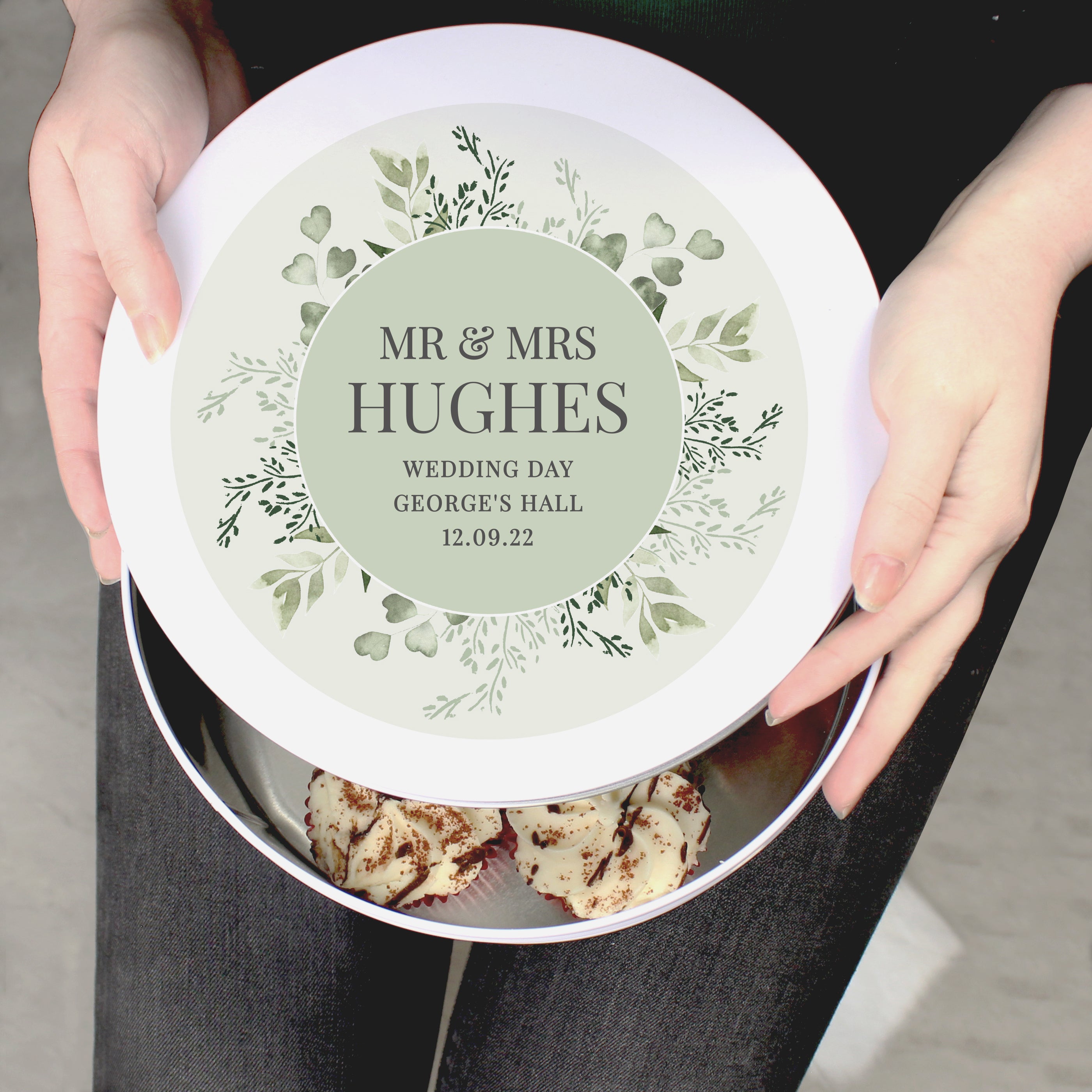Personalised Botanical Cake Tin On A Lap