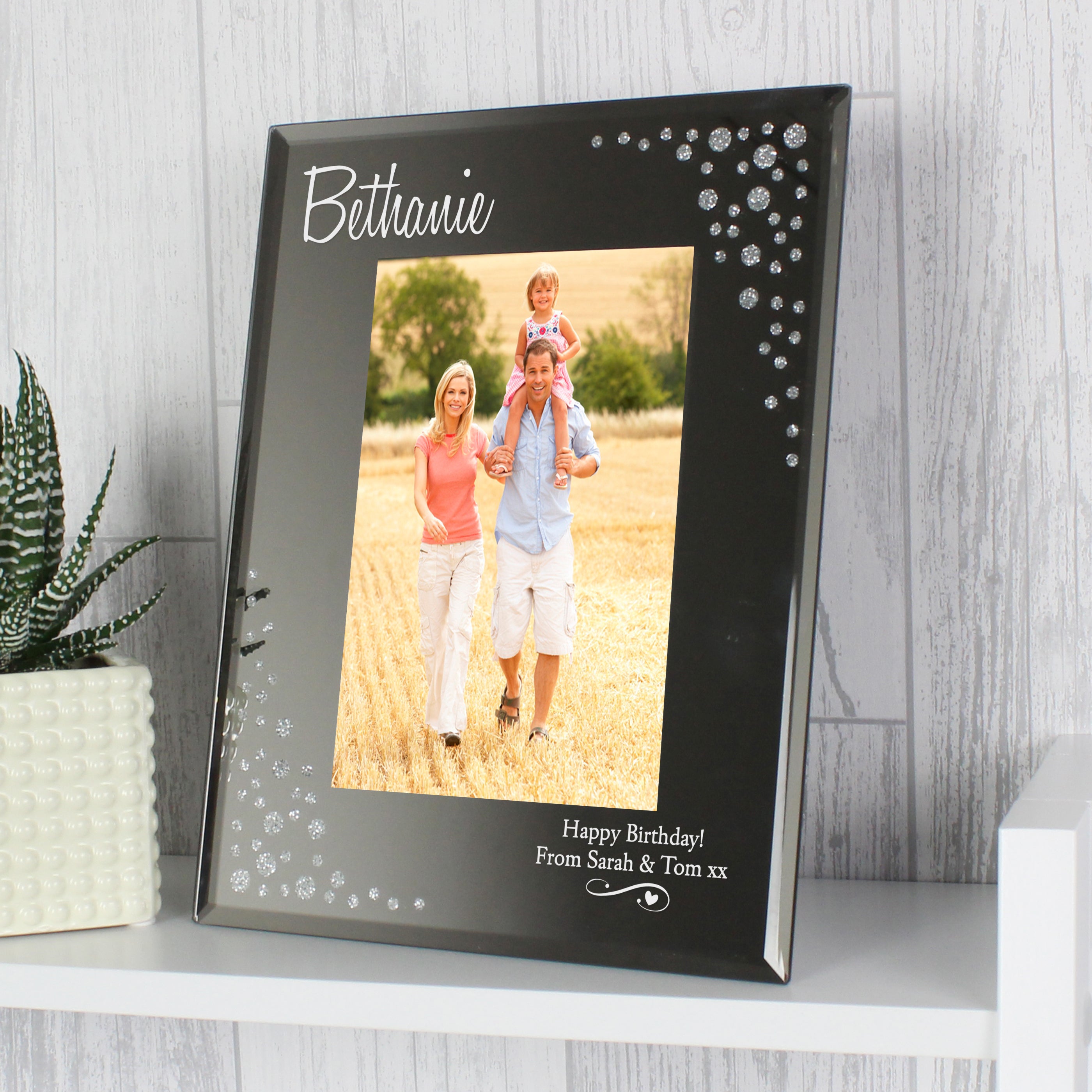 Personalised Swirls & Hearts Diamante 4x6 Glass Photo Frame