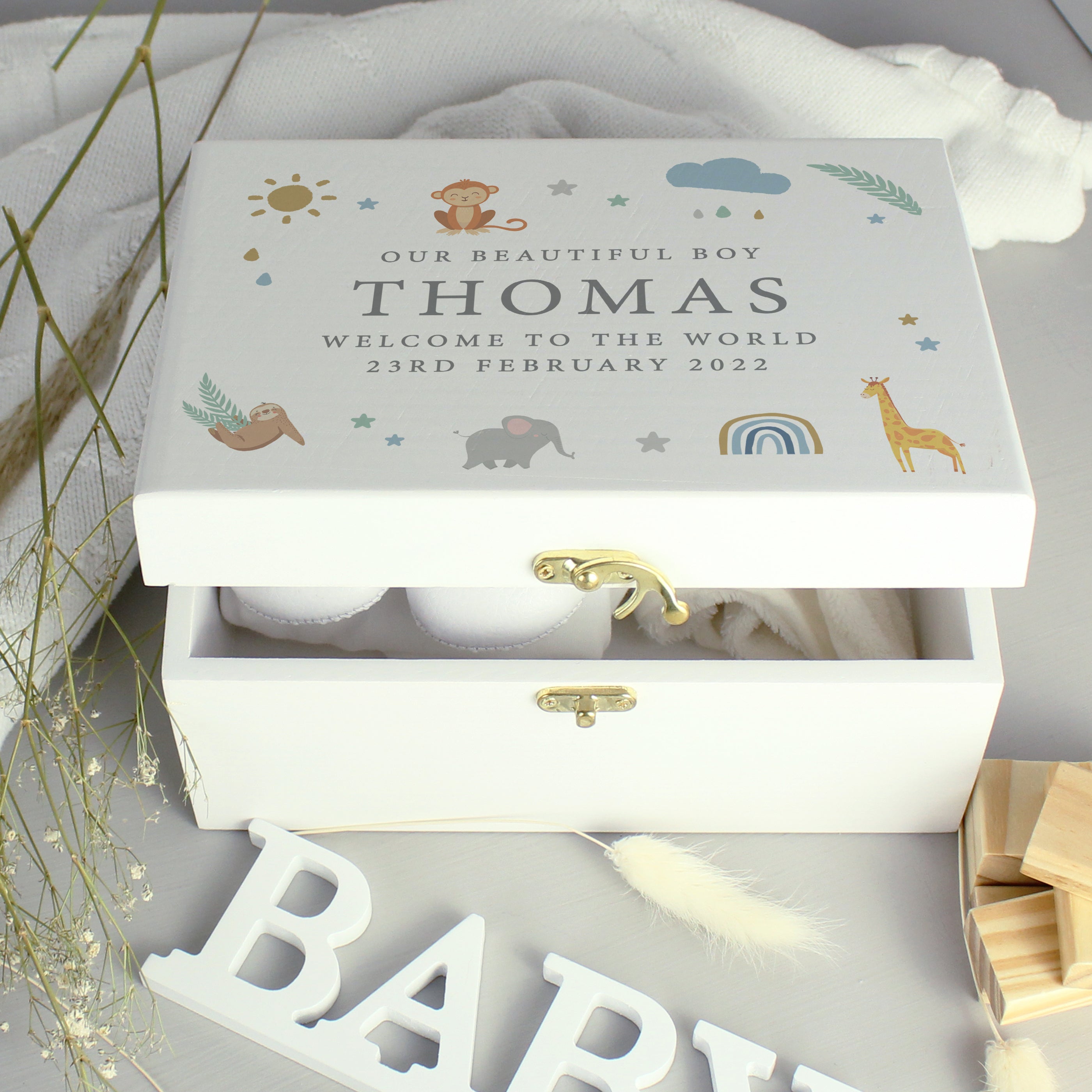 Personalised Safari Animals White Wooden Keepsake Box Lid Open