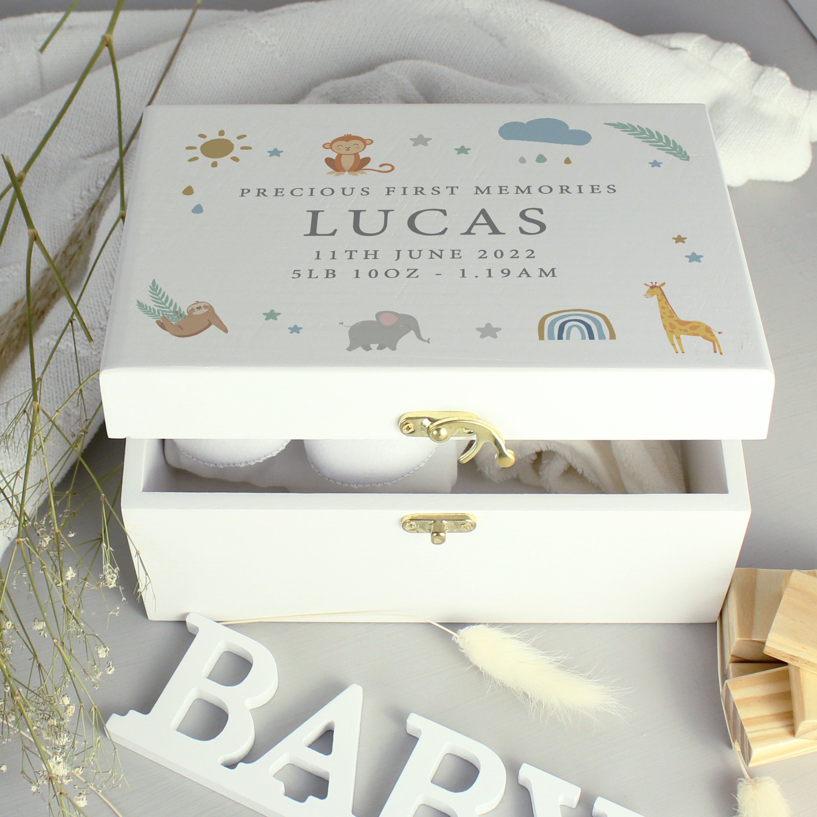 Personalised Safari Animals White Wooden Keepsake Box Photo