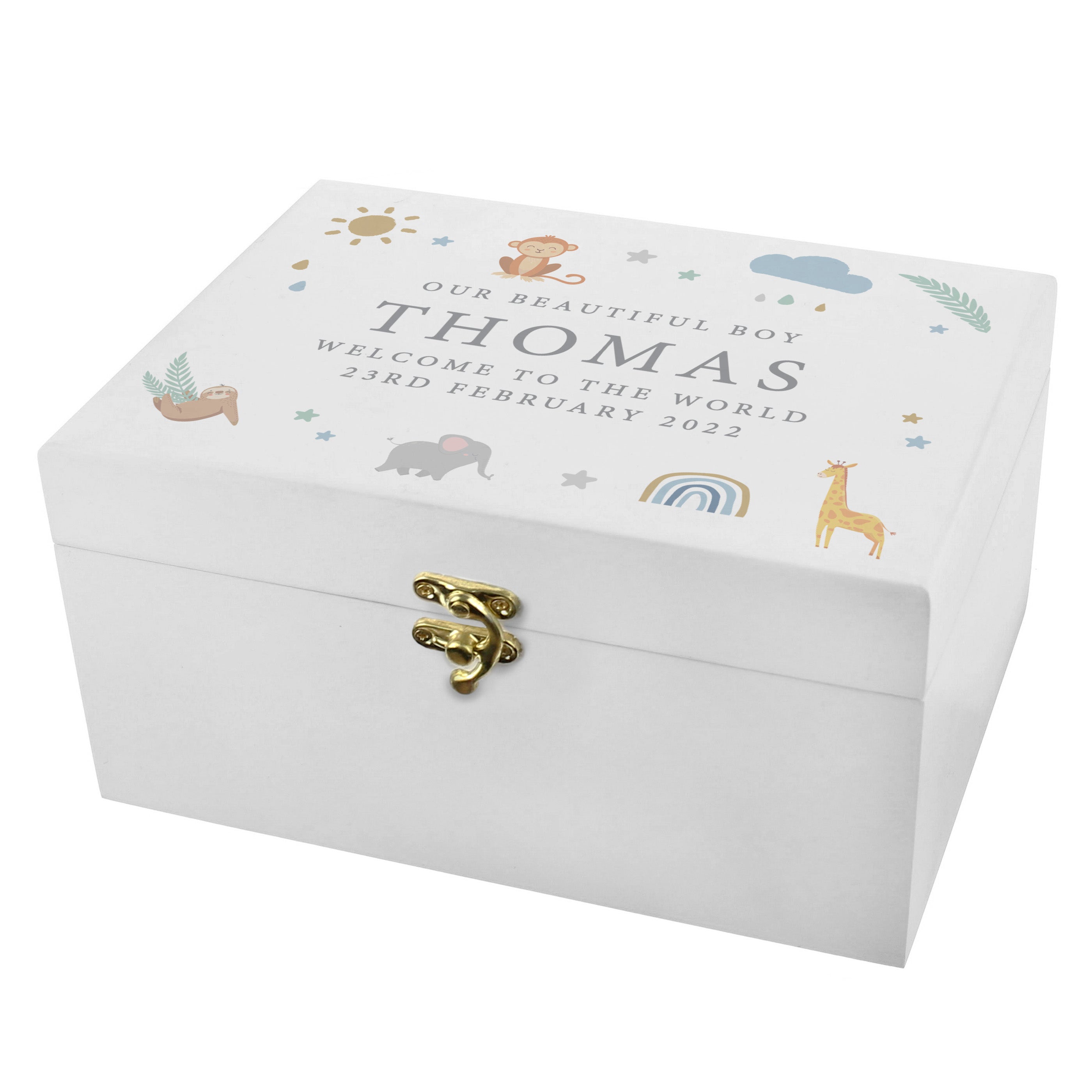 Personalised Safari Animals White Wooden Keepsake Box