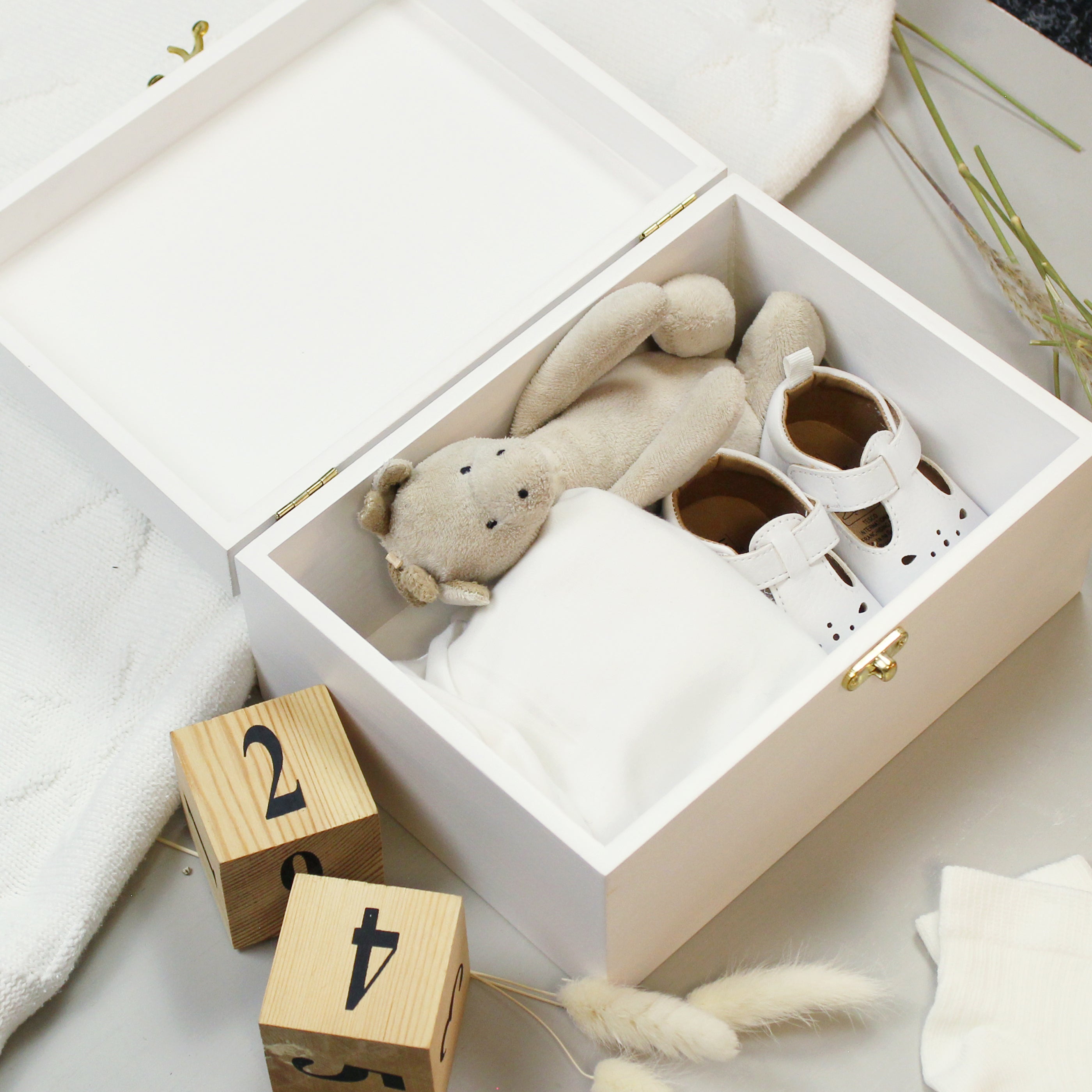 Personalised Safari Animals White Wooden Keepsake Box Opened Box With Teddy Bear, Shoes and Rolled Up Clothing
