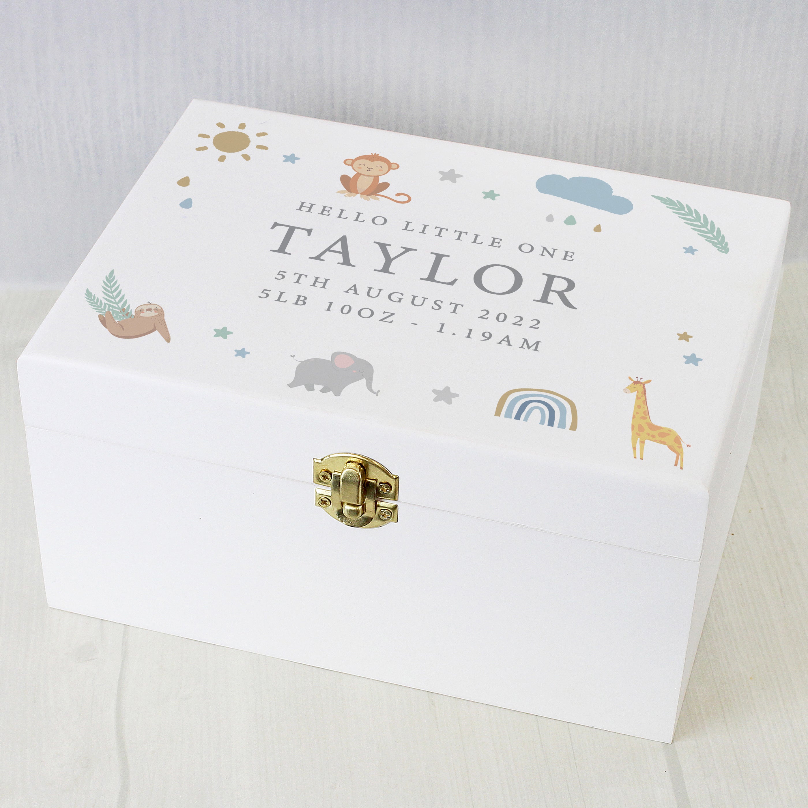 Personalised Safari Animals White Wooden Keepsake Box Sitting On The Table