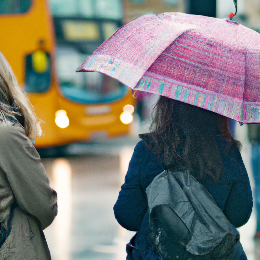 Women carry a colourful umbrella in the rain while waiting at a bus stop