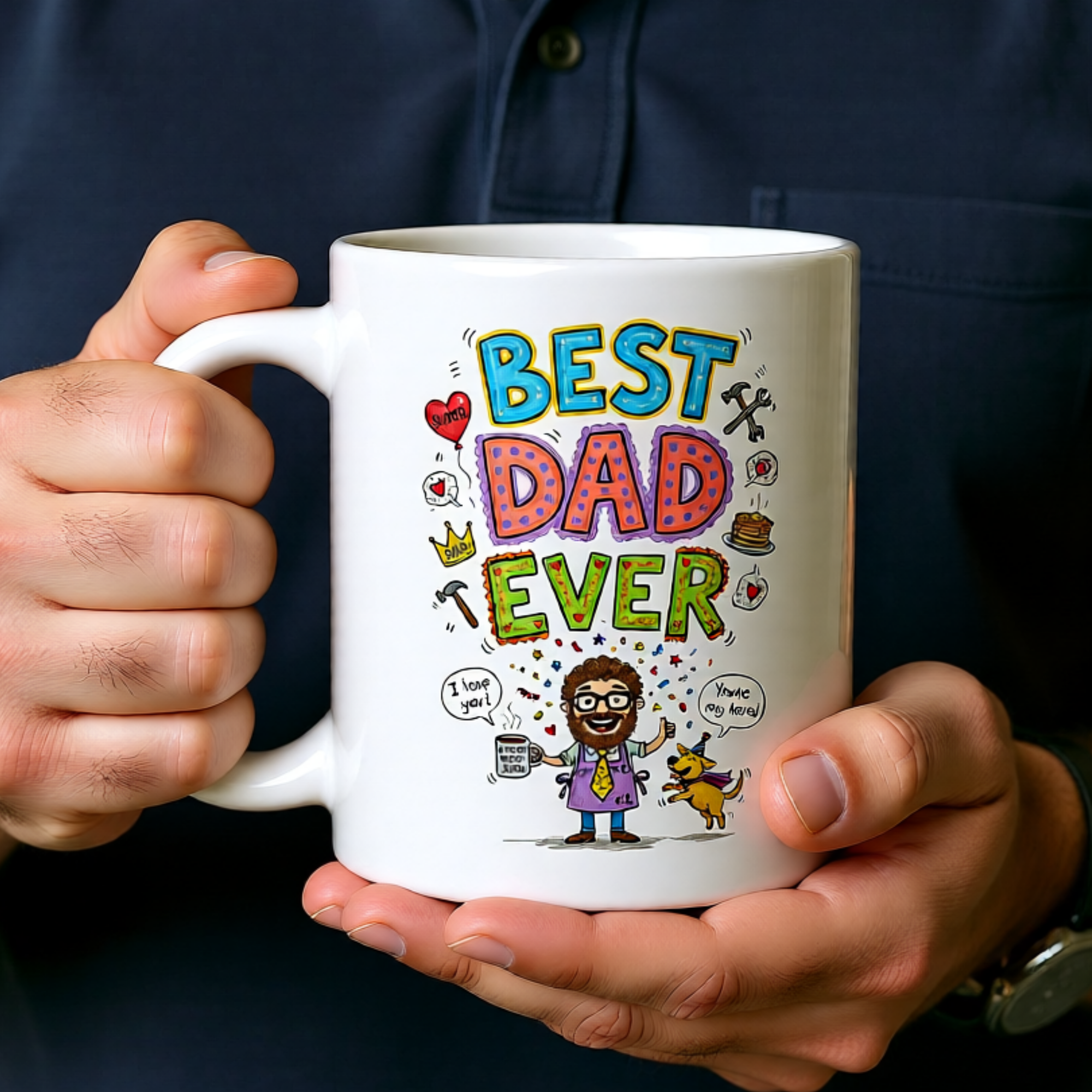 Best Dad Ever 11oz White Glossy Ceramic Mug with Whimsical Design - Funny Heartfelt Dad Gift