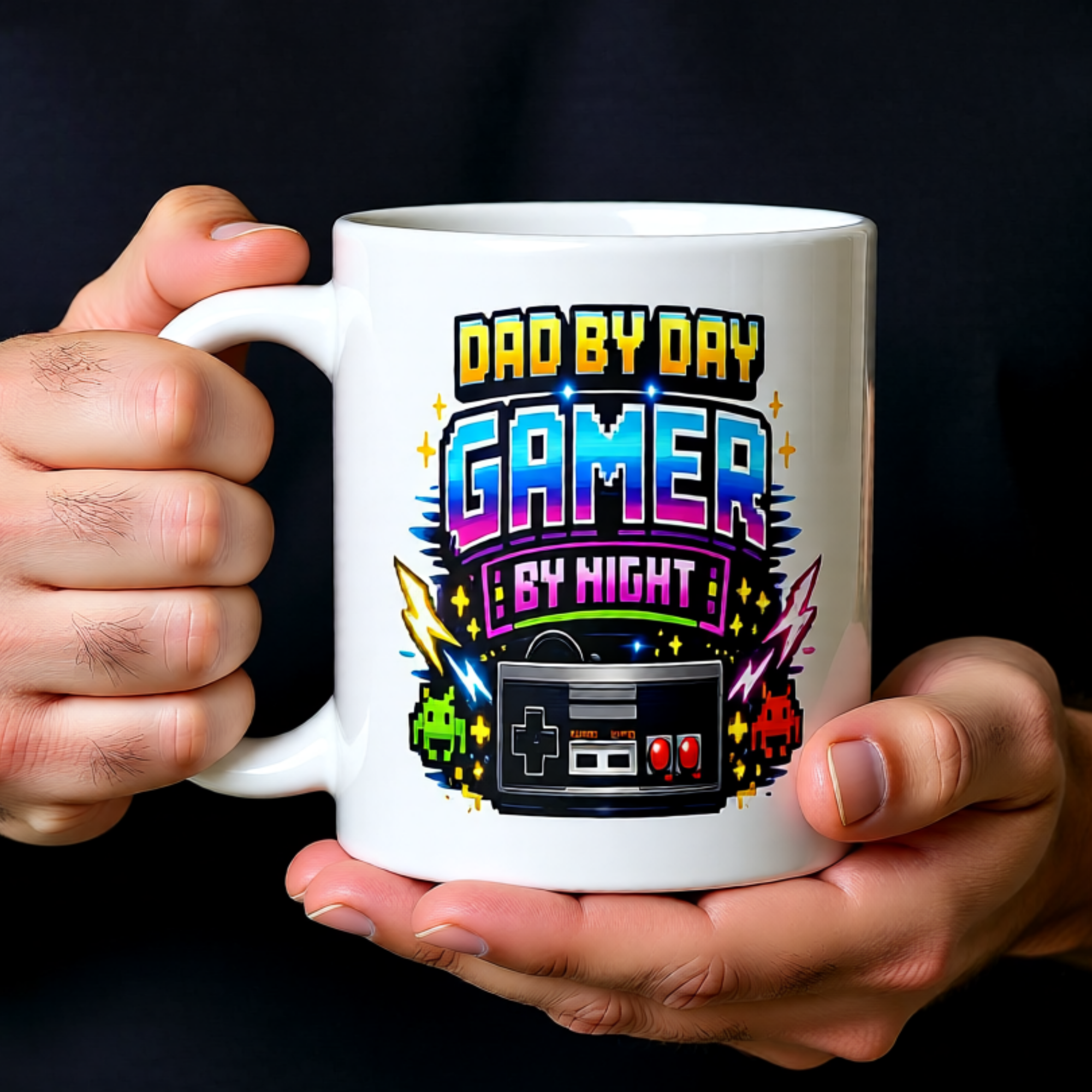 Dad By Day Gamer By Night 11oz White Glossy Ceramic Mug - Funny Gamer Dad Gift