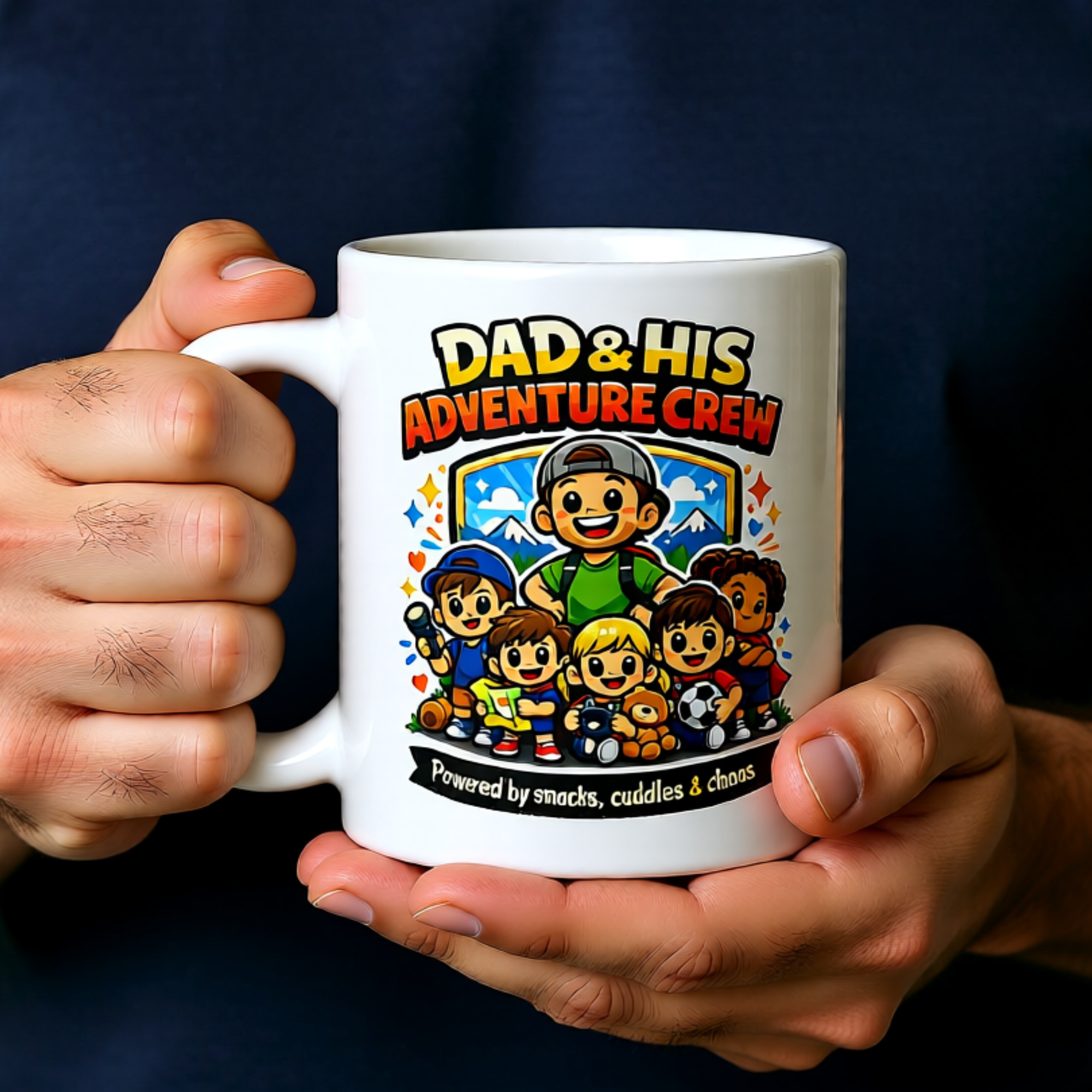 Dad & His Adventure Crew Mug – Powered by Snacks, Cuddles & Chaos