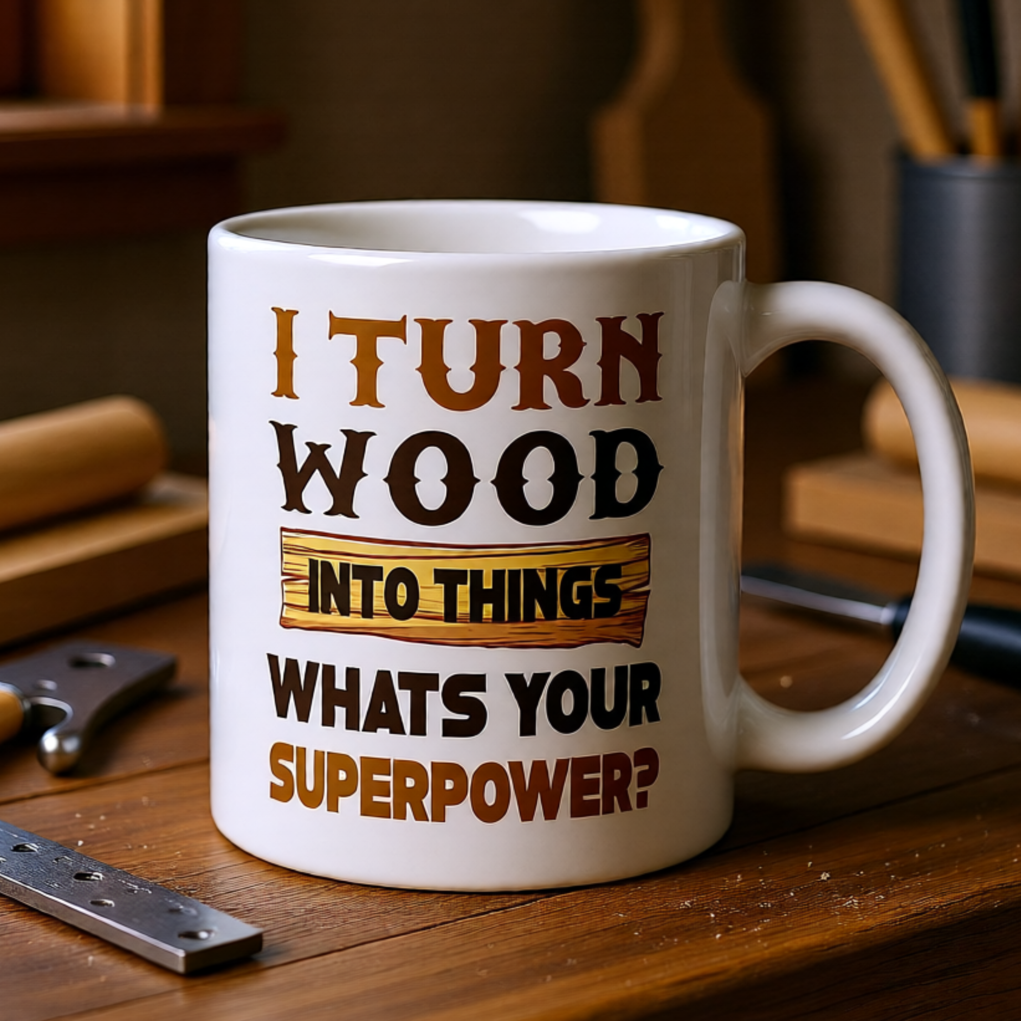 I Turn Wood Into Things What's Your Superpower? 11oz White Glossy Ceramic Mug - Funny Woodworker Gift