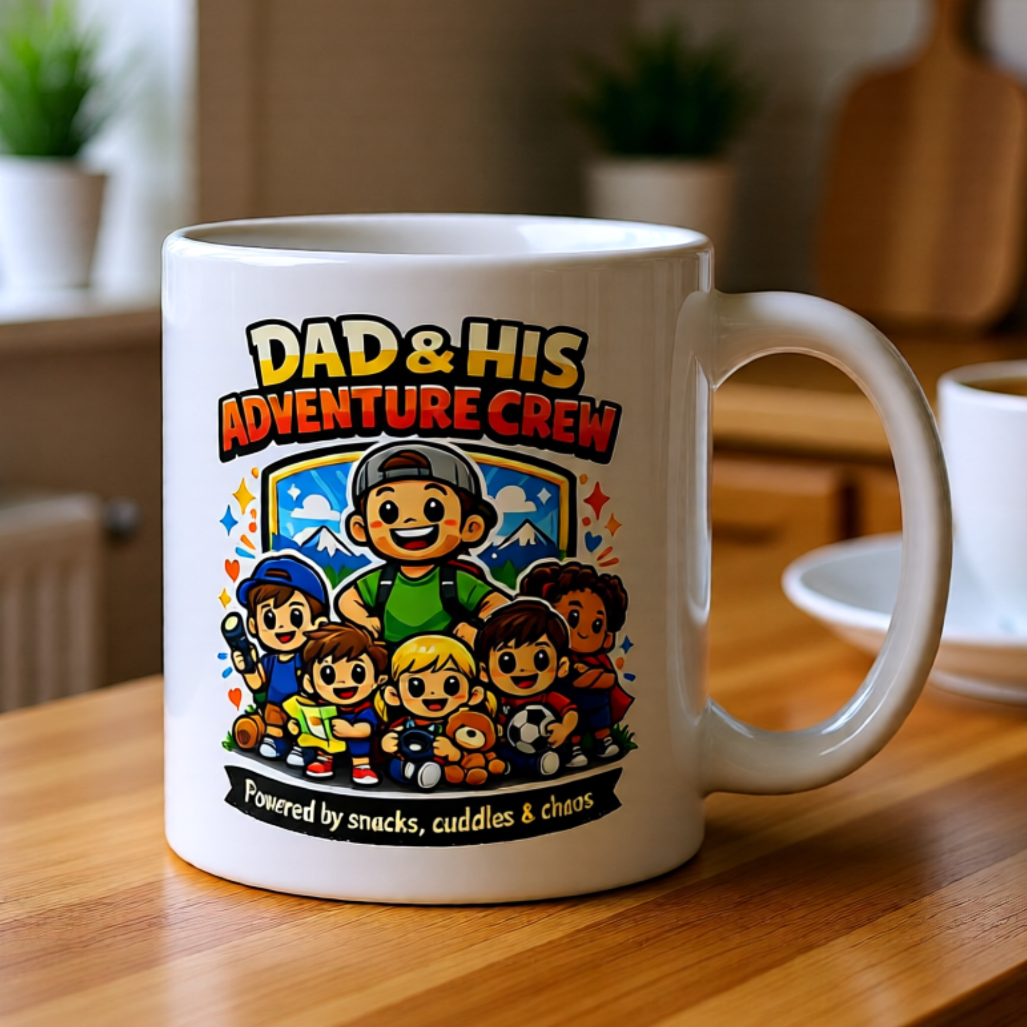Dad & His Adventure Crew Mug – Powered by Snacks, Cuddles & Chaos