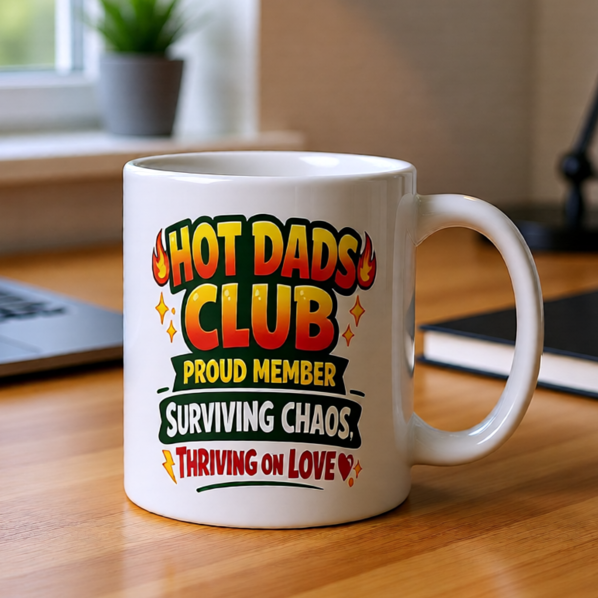 Hot Dads Club Proud Member Surviving Chaos, Thriving On Love 11oz White Glossy Ceramic Mug - Funny Dad Gift