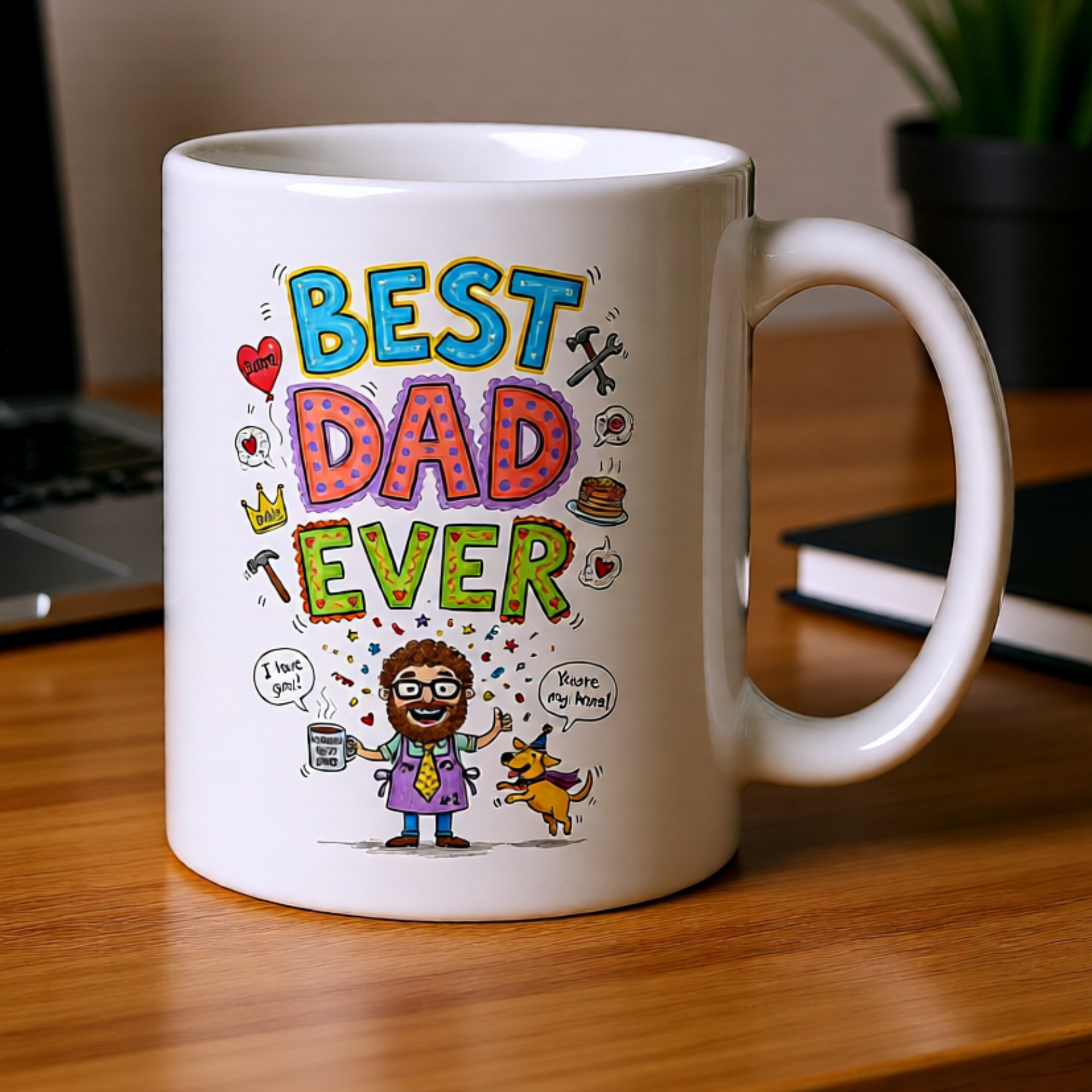 Best Dad Ever 11oz White Glossy Ceramic Mug with Whimsical Design - Funny Heartfelt Dad Gift