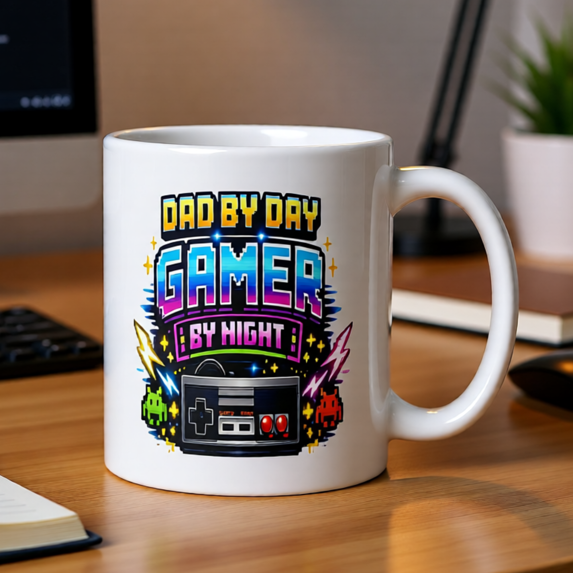 Dad By Day Gamer By Night 11oz White Glossy Ceramic Mug - Funny Gamer Dad Gift