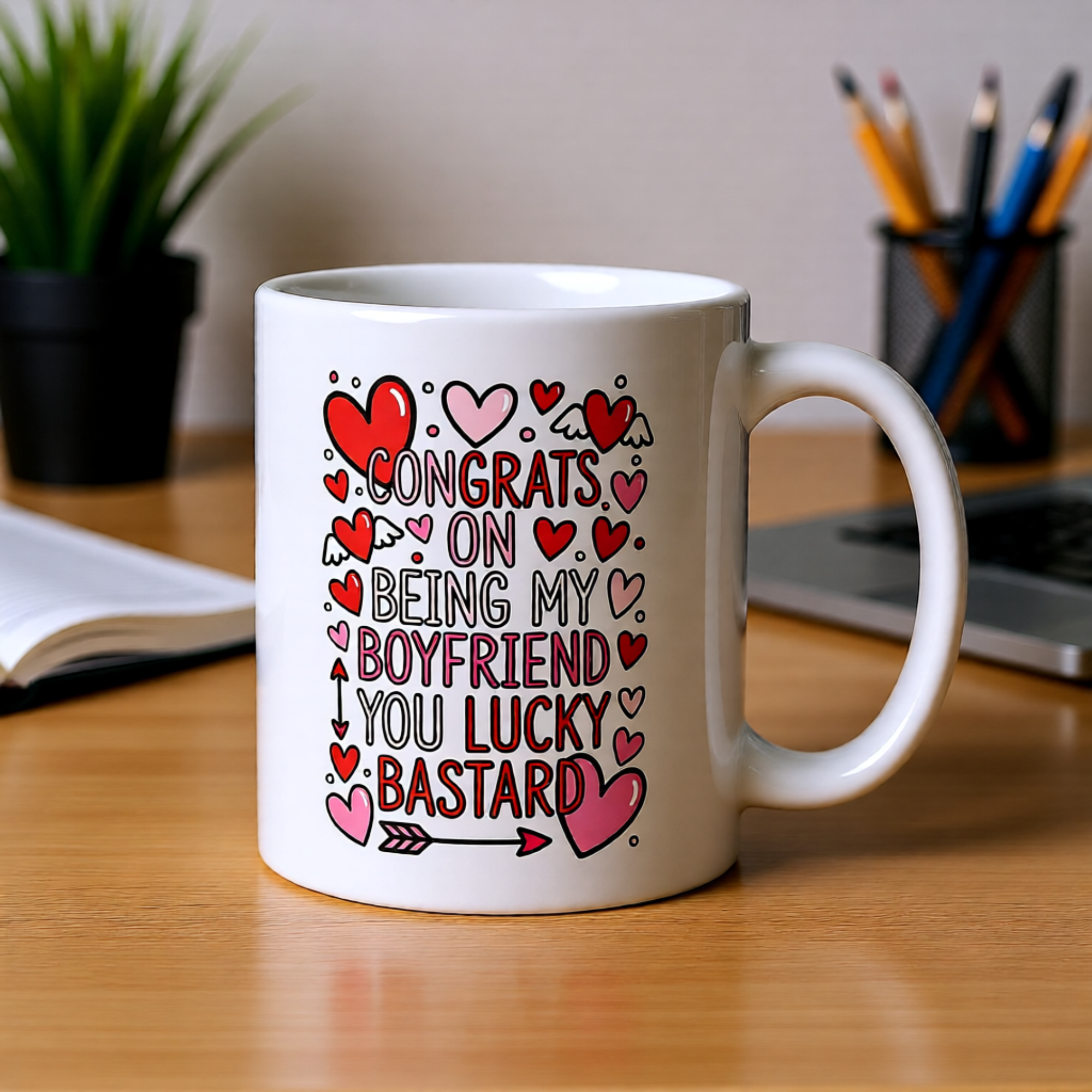 Congrats On Being My Boyfriend You Lucky Bastard 11oz White Glossy Ceramic Mug with Hearts - Funny Romantic Boyfriend Gift