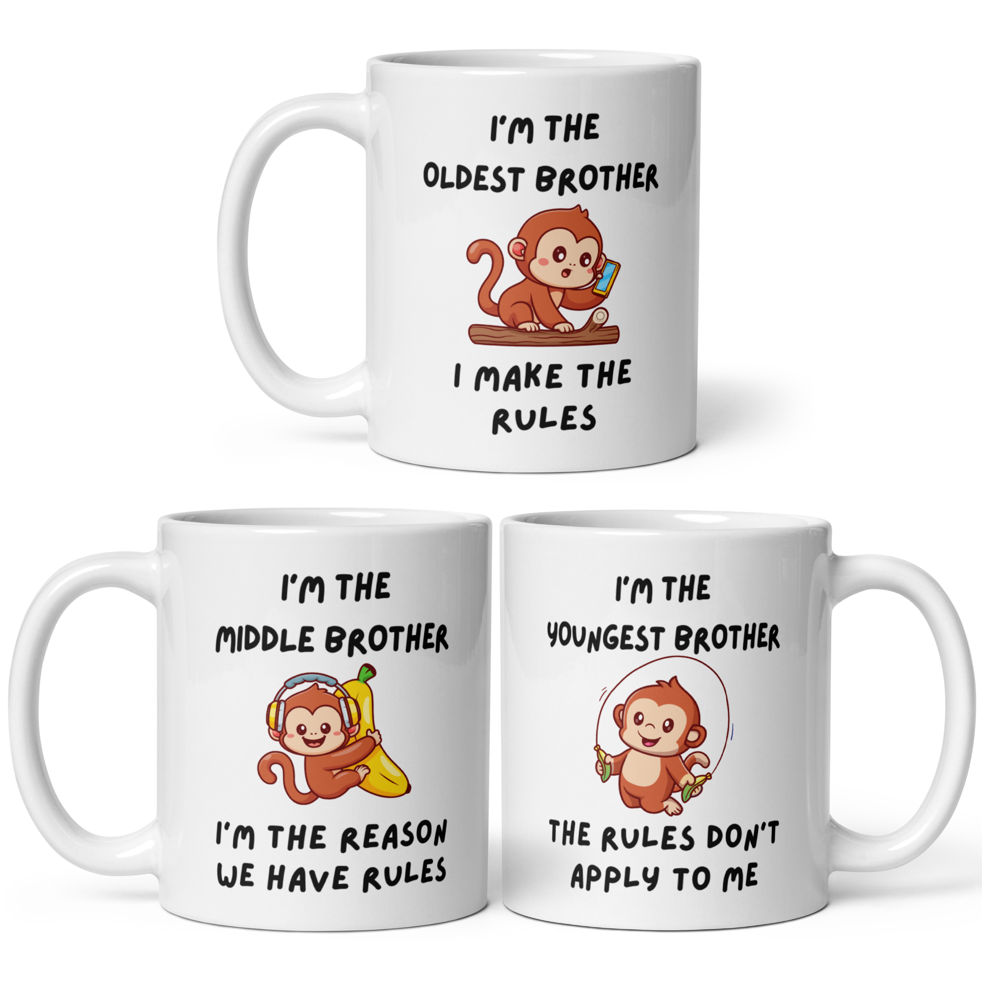Cheeky Brother Monkey Sibling Rules Mug – 11oz White Glossy Ceramic | Oldest, Middle, Youngest or Sets of 2/3