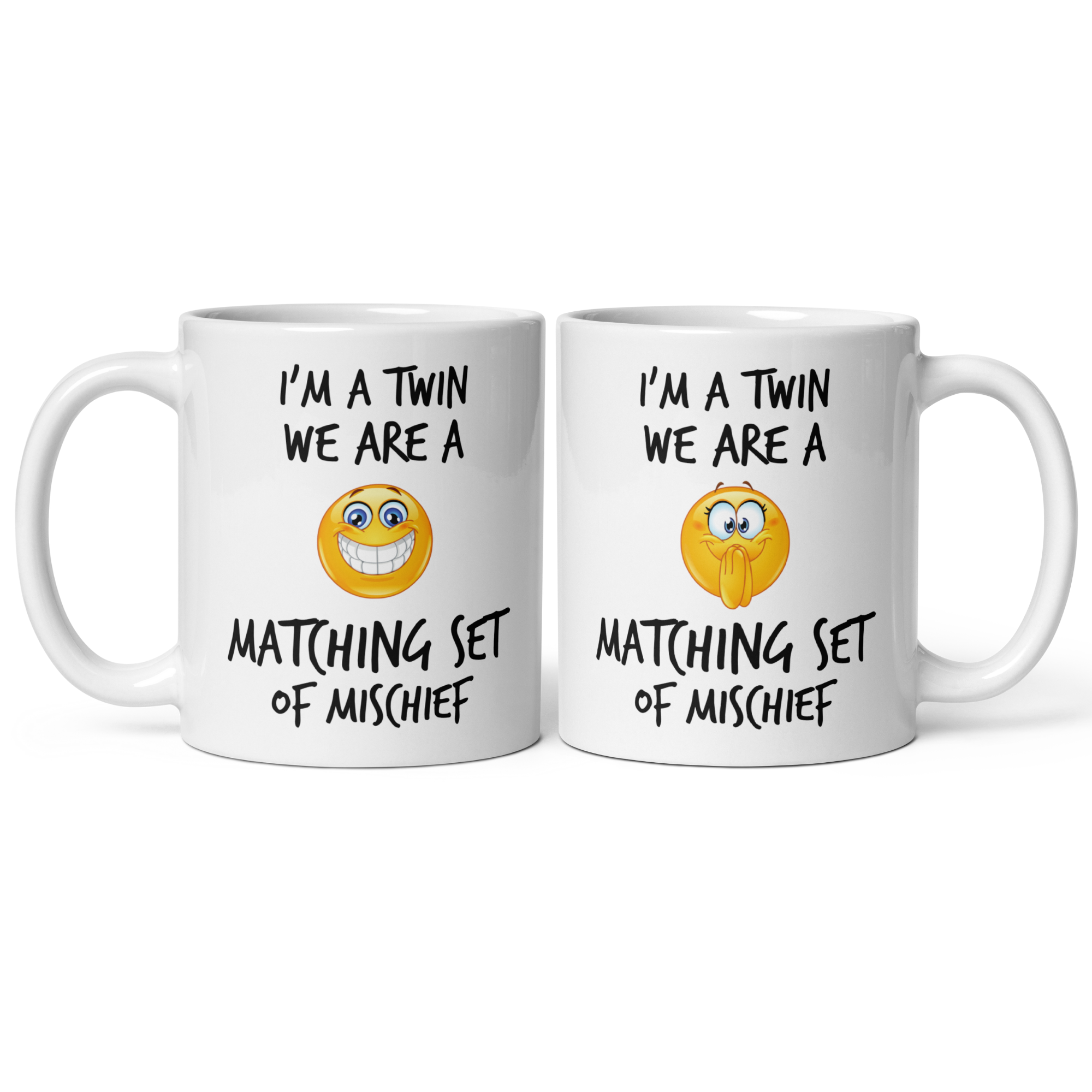 Twin Mischief Mug Set V2 - 2-Pack 11oz White Glossy Ceramic Mugs for Brother & Sister Twins