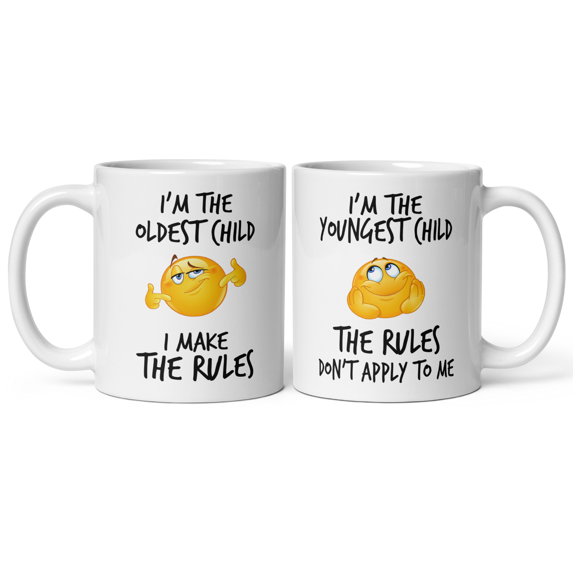 Oldest & Youngest Child Mug Set V2 - 2-Pack 11oz White Glossy Ceramic Mugs with Funny Emoticon Faces