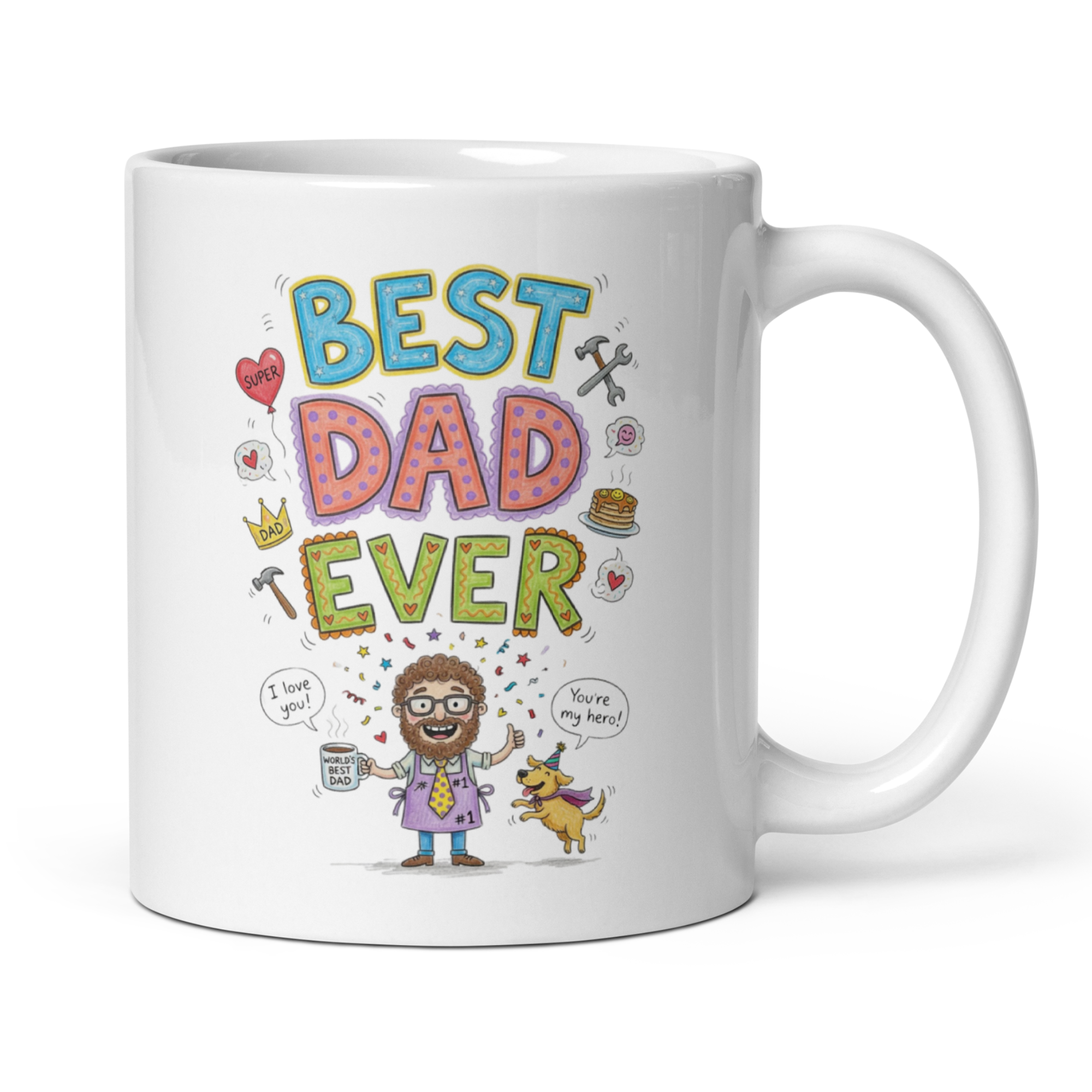 Best Dad Ever 11oz White Glossy Ceramic Mug with Whimsical Design - Funny Heartfelt Dad Gift