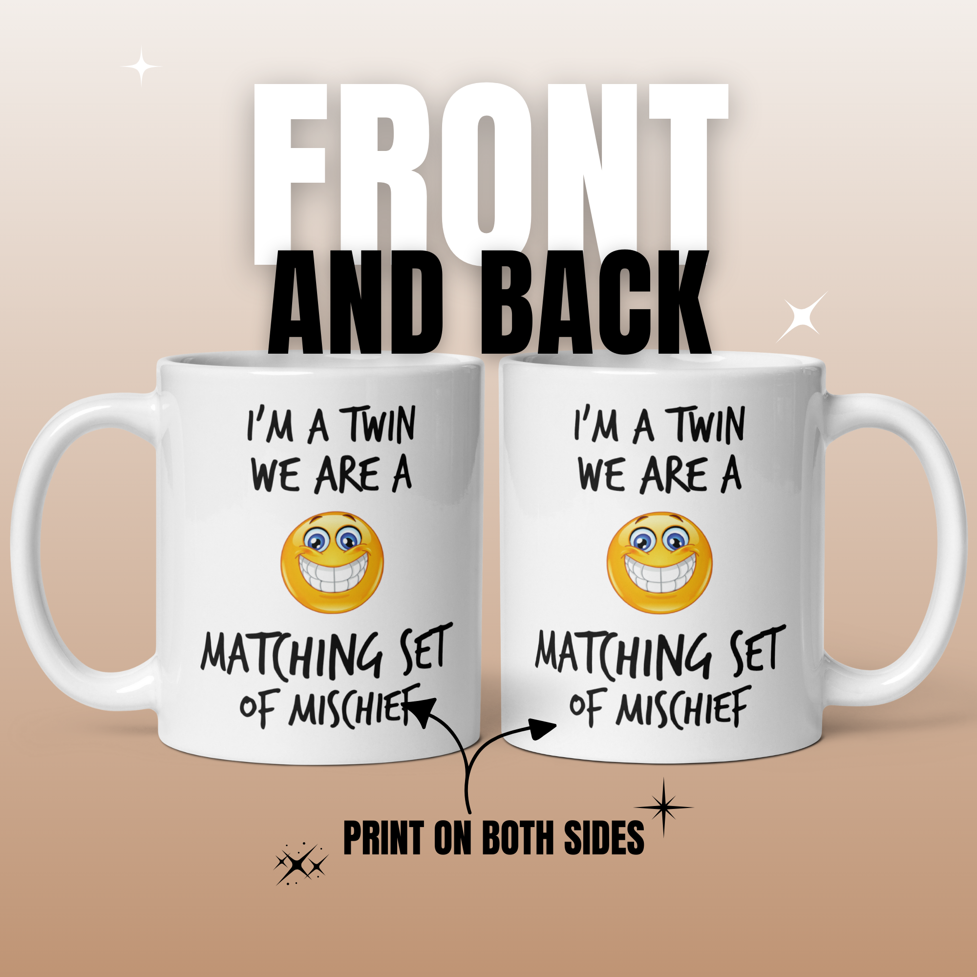 Twin Mischief Mug Set V2 - 2-Pack 11oz White Glossy Ceramic Mugs for Brother & Sister Twins