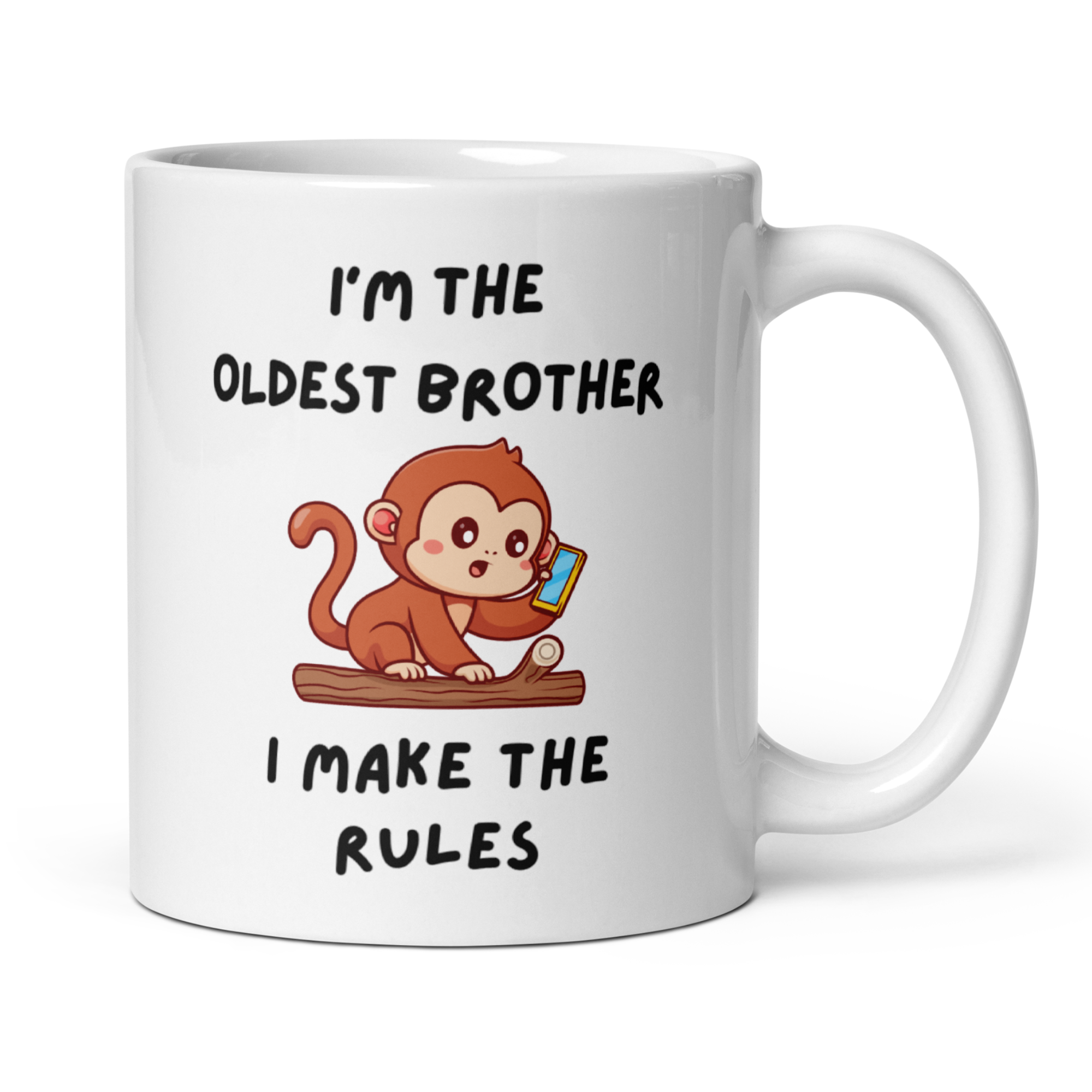 White mug with a cartoon monkey and text I'm The Oldest Brother I Make The Rules on a white background