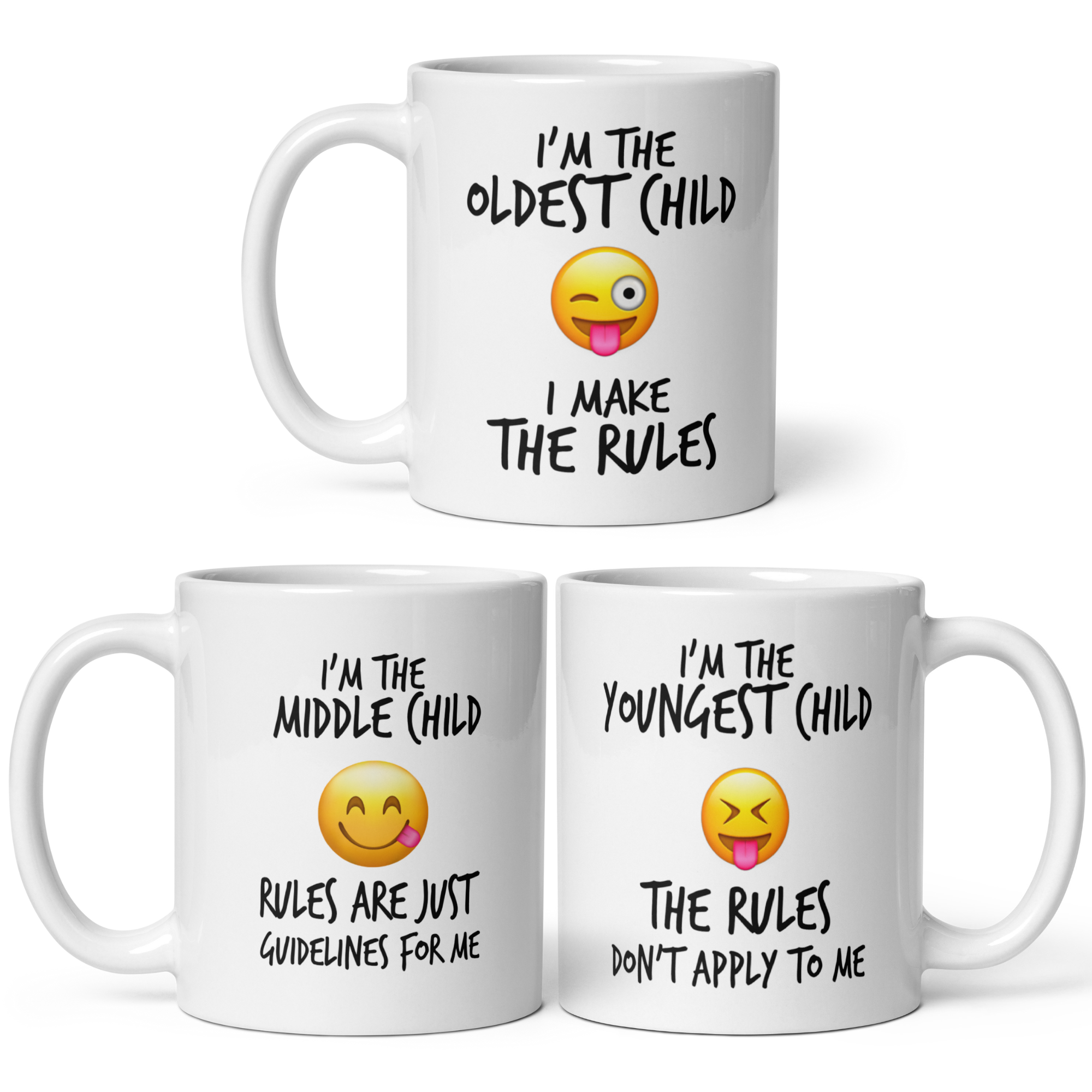 Three white mugs with humorous text and emojis about being the oldest, middle, and youngest child.