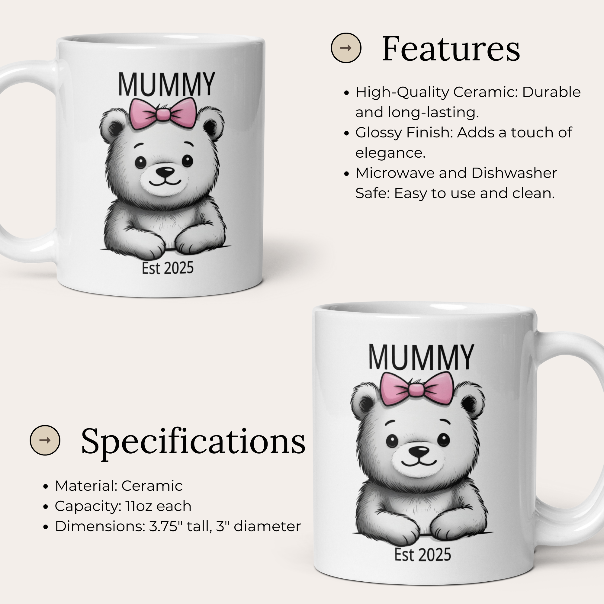 Personalised Mummy Bear Mug - "Mummy [Custom Title] Since [Year/Date]" 11oz White Glossy Ceramic Mug with Cute Bear - Custom Mum Gift