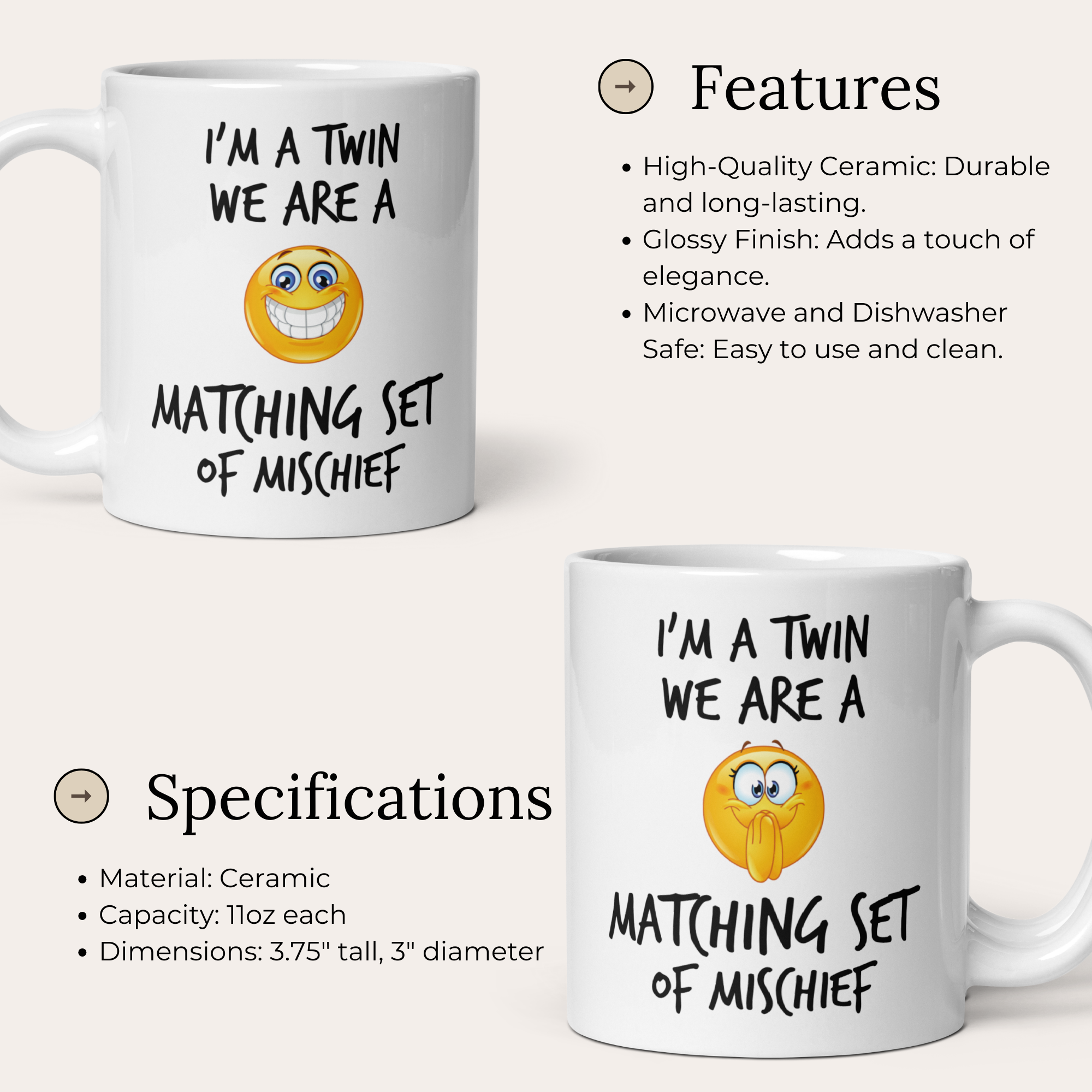 Twin Mischief Mug Set V2 - 2-Pack 11oz White Glossy Ceramic Mugs for Brother & Sister Twins