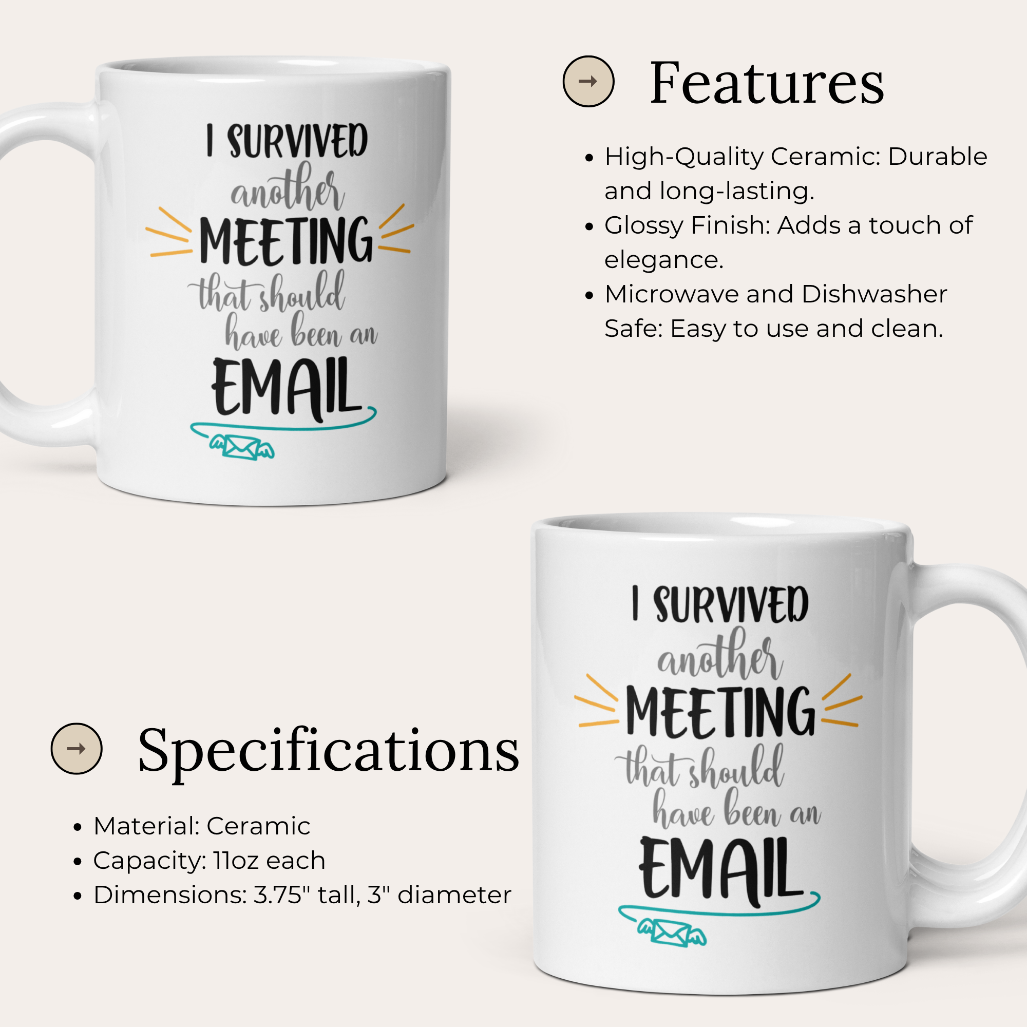 I Survived Another Meeting 11oz White Glossy Ceramic Mug - Funny Office Gift