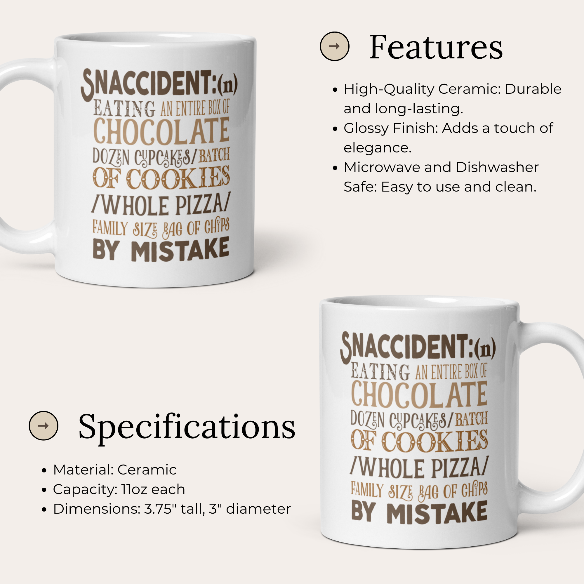 Snaccident 11oz White Glossy Ceramic Mug with Funny Foodie Definition