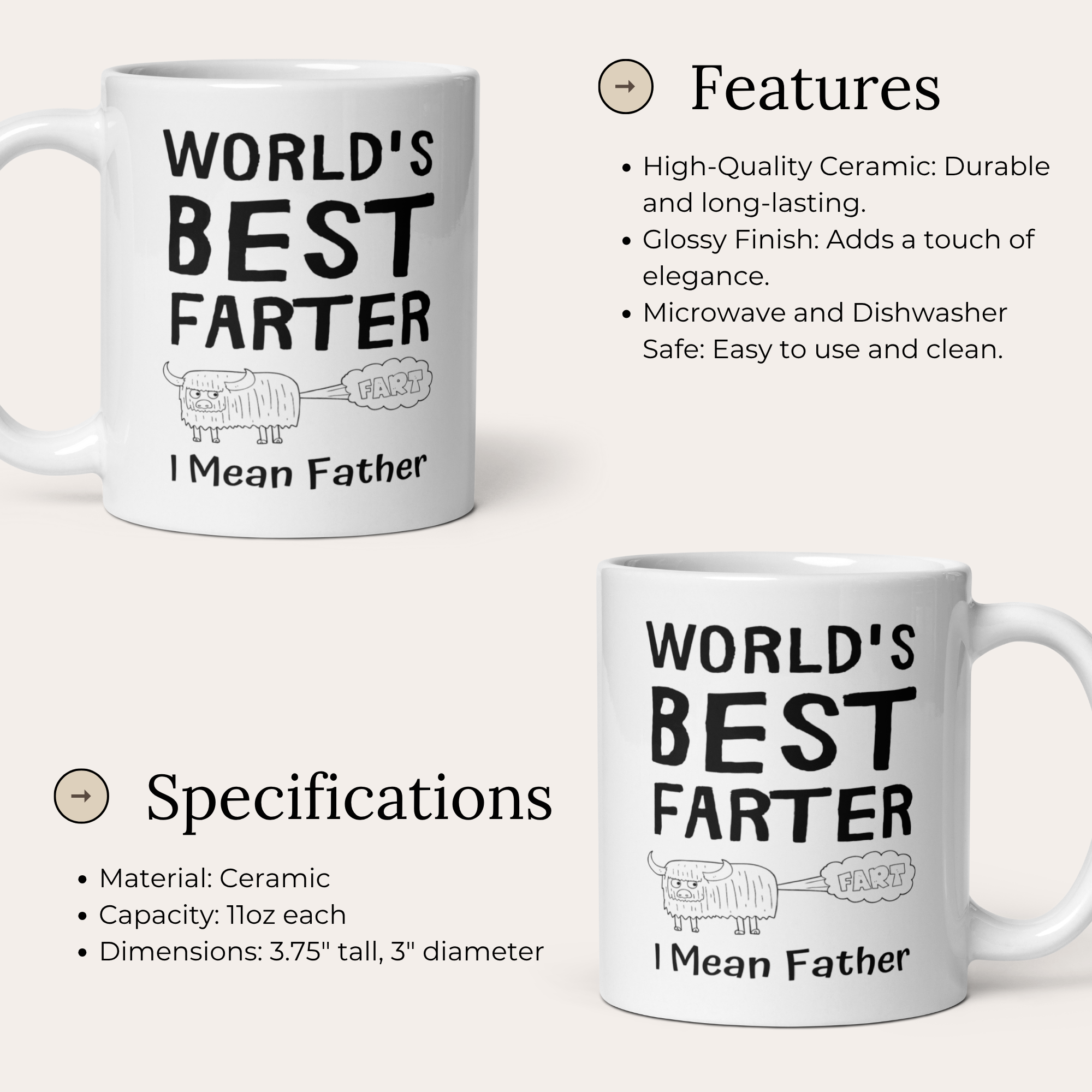 World's Best Farter I Mean Father 11oz White Glossy Ceramic Mug with Cartoon Ox Graphic